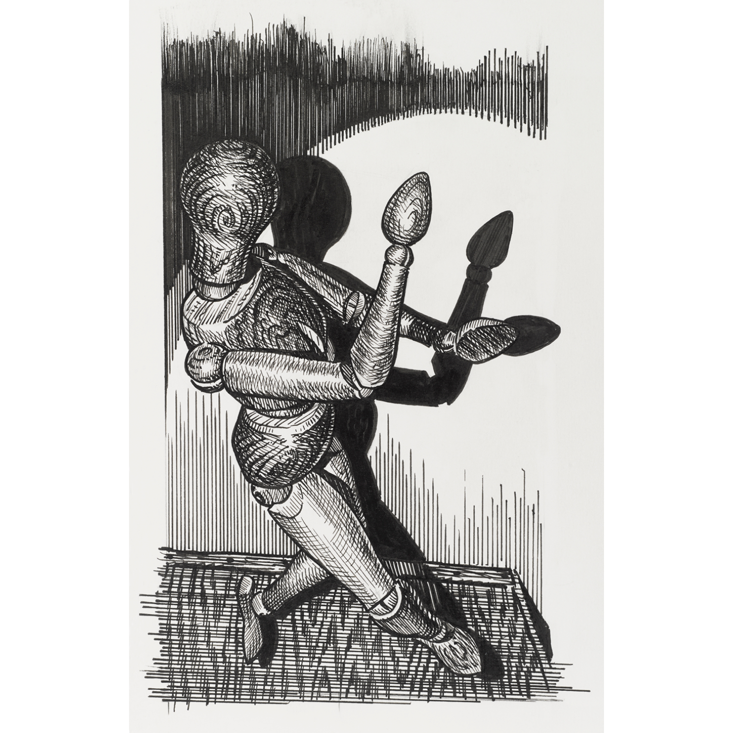 Pitt Artist Pen Tuschestift Set Schwarz, 6-teilig, Faber Castell. Zeichnung einer Holzfigur in dynamischer Pose mit Schattierungen.