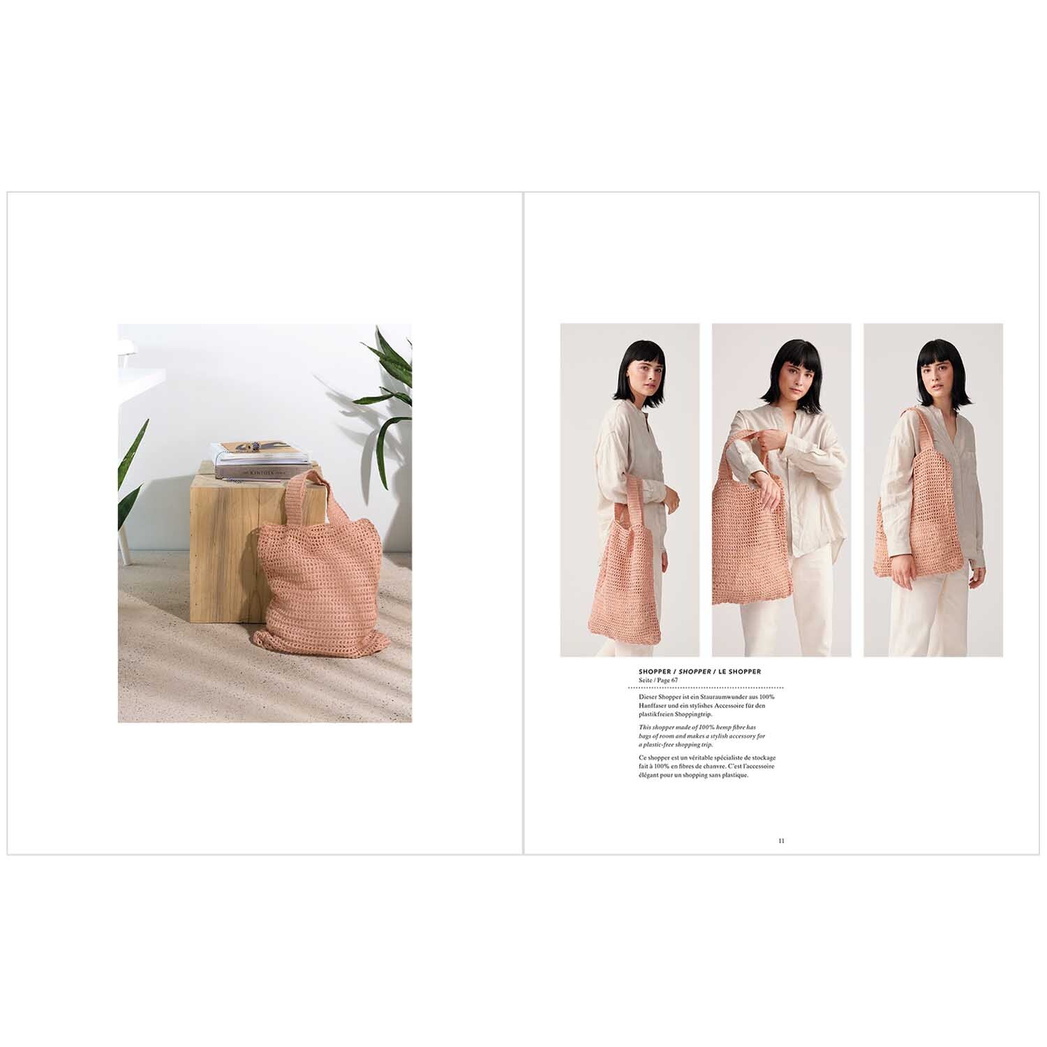 Nature Matters - DIY-Ideen für Küche, Bad & Wohnen: Frau mit gestrickter Tasche in sanftem Rosa von Rico Design, präsentiert in verschiedenen Ansichten.