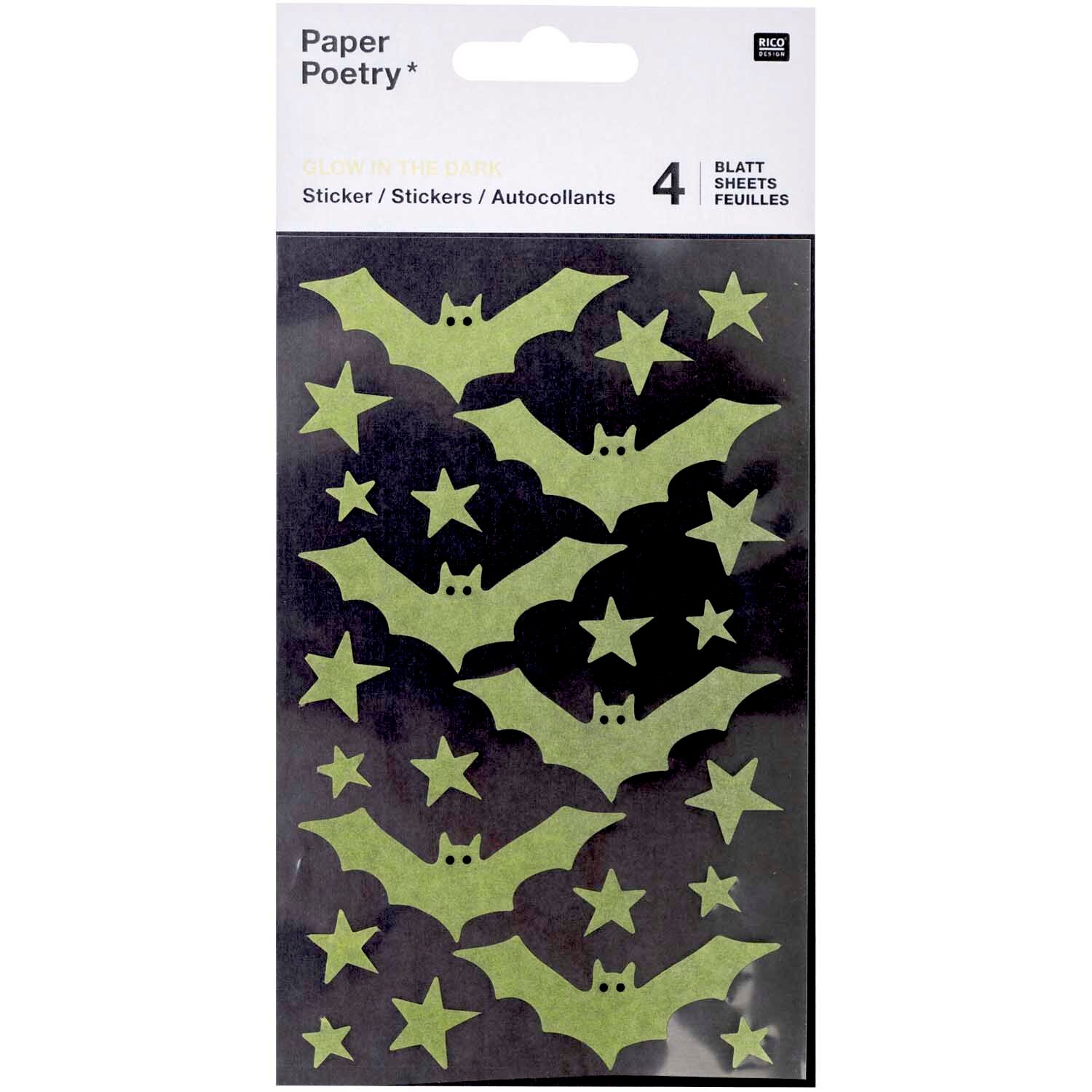 Paper Poetry Washi-Sticker Fledermäuse: Grüne Fledermaus- und Sternsticker von Rico Design auf schwarzem Hintergrund.