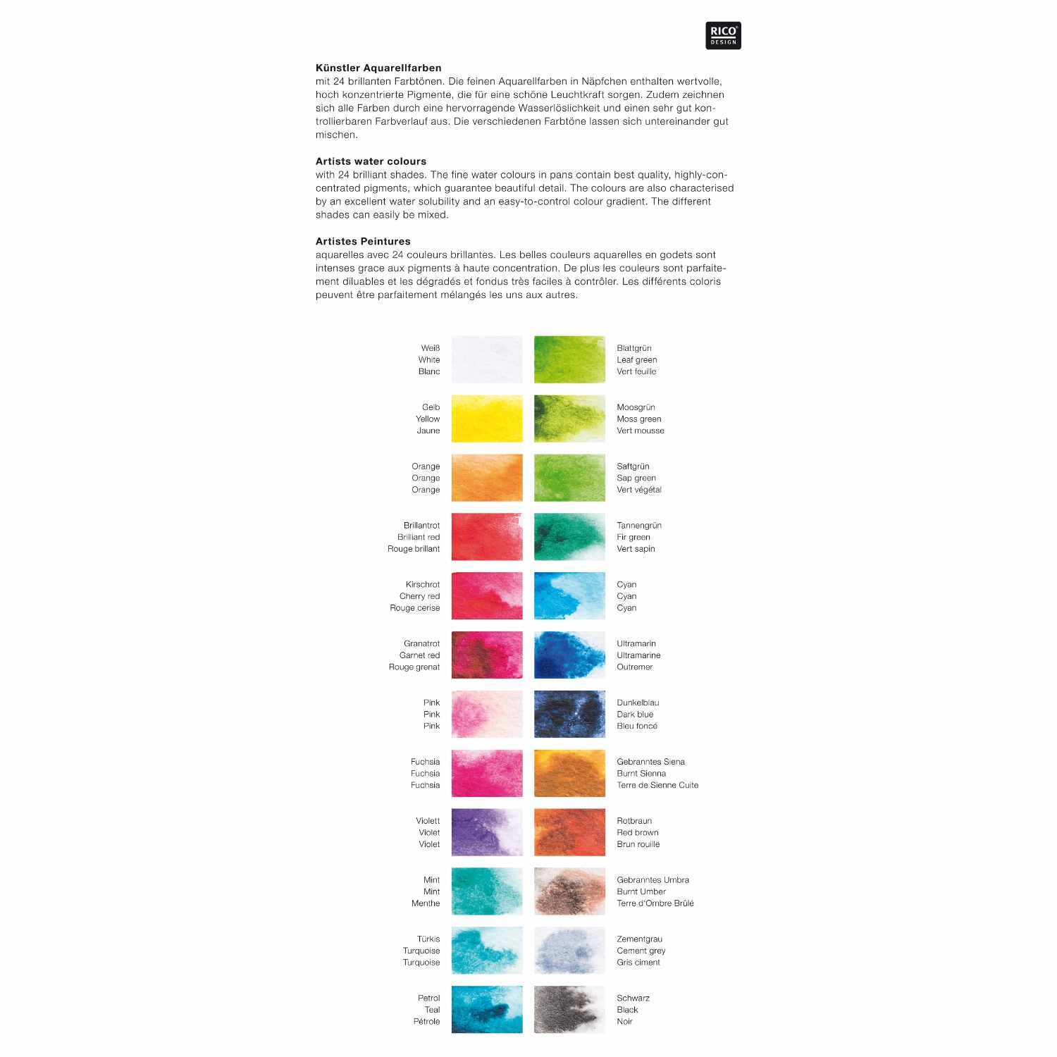 ART Künstler Aquarellfarben 24 Farben zeigt eine Palette lebendiger Farbtöne von Rico Design.