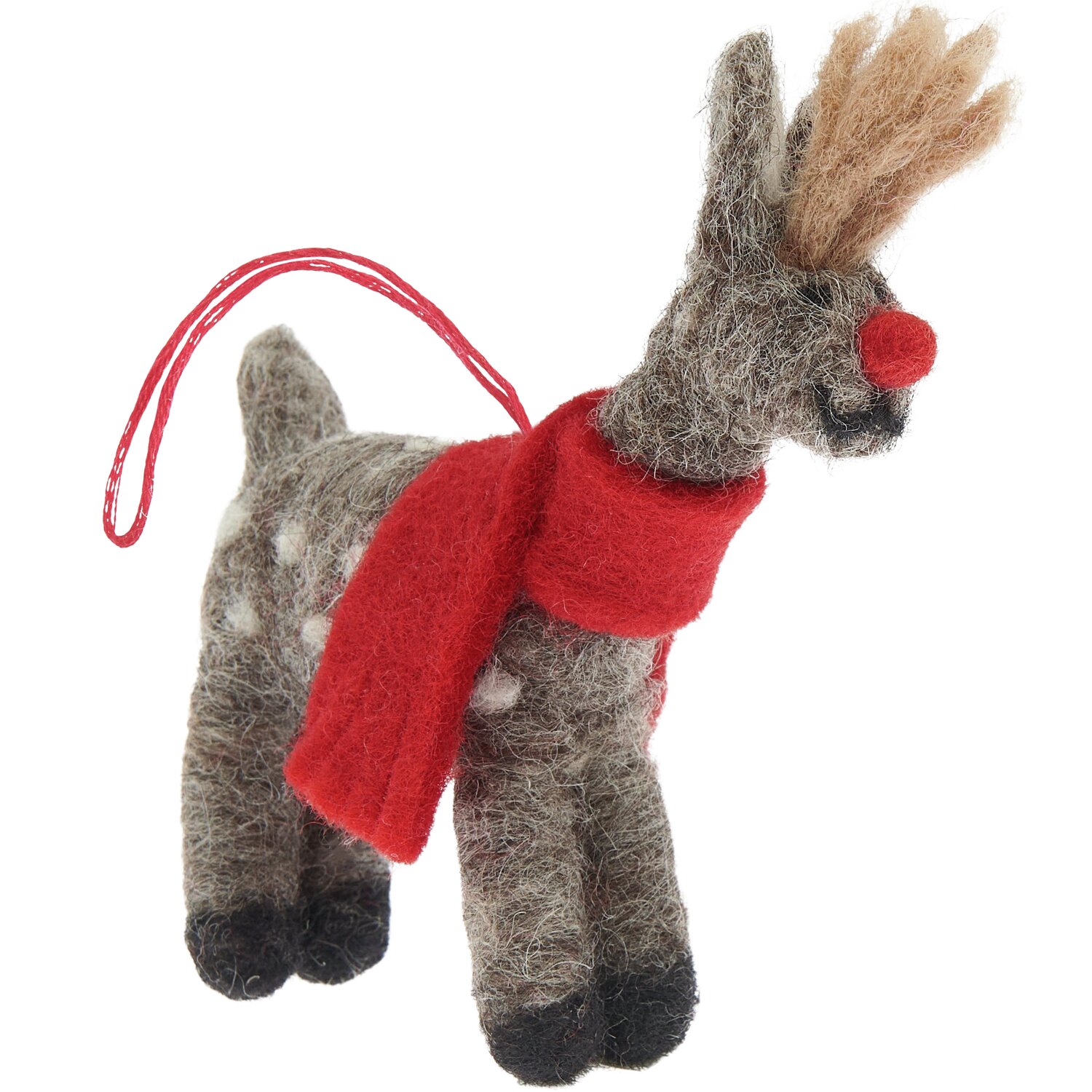 Aufhänger Filz-Hirsch mit Schal: Handgefertigter Hirsch aus braunem Filz mit rotem Schal, 12x8x2,5cm, von Rico Design.