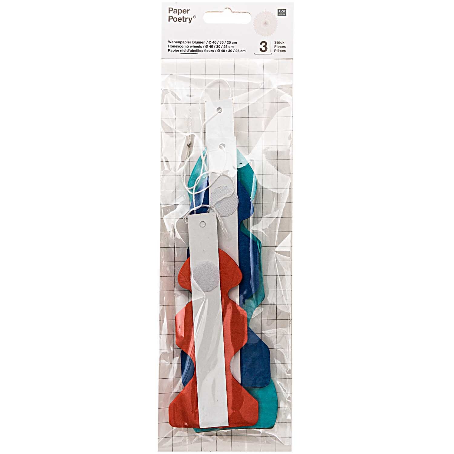 Wabenpapier Blumen mehrfarbig 3 Stück von Rico Design, verpackt in einer transparenten Hülle. Ideal für kreative Dekorationen.