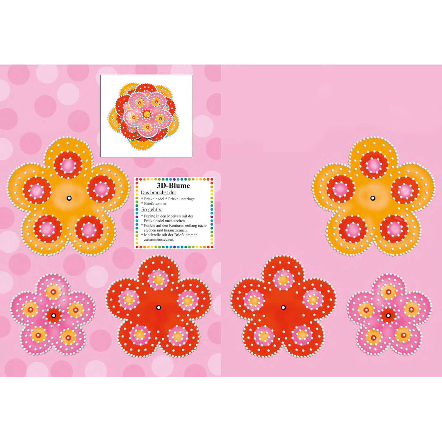 Mein Prickel-Bastelbuch: Bunte 3D-Blumen auf rosa Hintergrund, ideal für kreative Bastelprojekte.