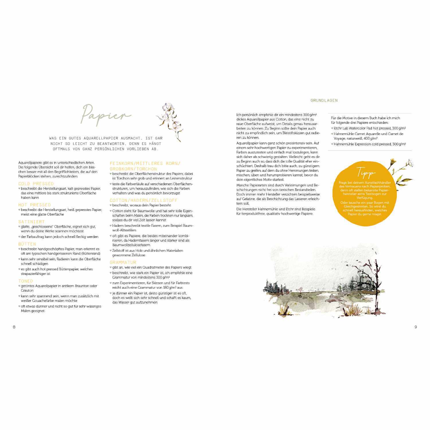 Boho Watercolor: Doppelseite mit Text und Aquarellillustration einer Landschaft, EMF.