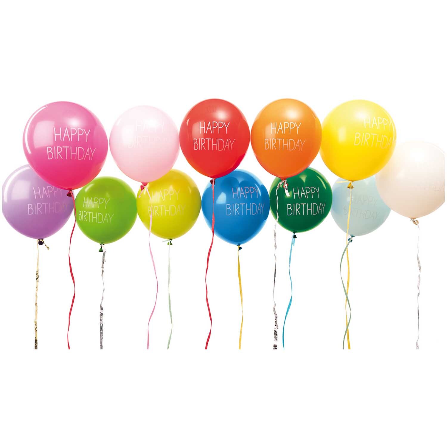 Luftballons Happy Birthday 30cm 12 Stück: Bunte Ballons mit "Happy Birthday"-Aufdruck in verschiedenen Farben. Ideal für Geburtstagsfeiern.