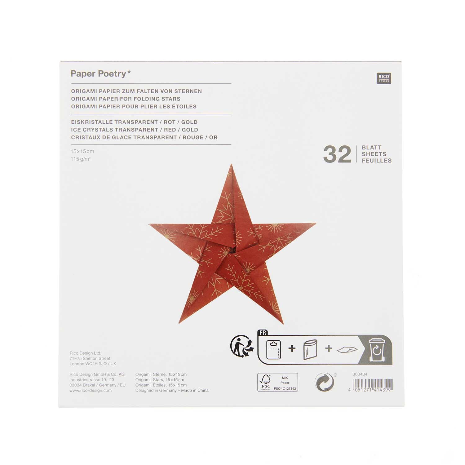 Paper Poetry Bascetta Origamipapier zeigt ein rotes, sternförmiges Origami-Design auf der Verpackung.