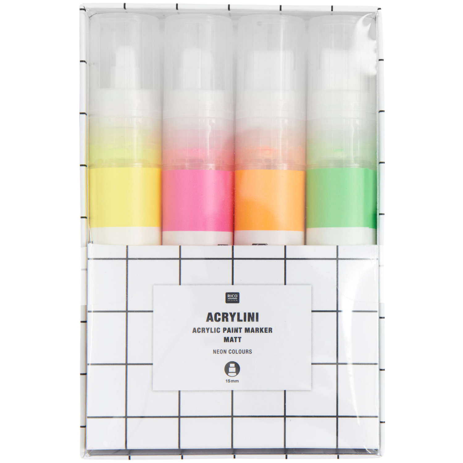 Acrylini Marker Set XL Neon mit 15mm Spitze in vier leuchtenden Farben von Rico Design. Ideal für kreative Projekte.