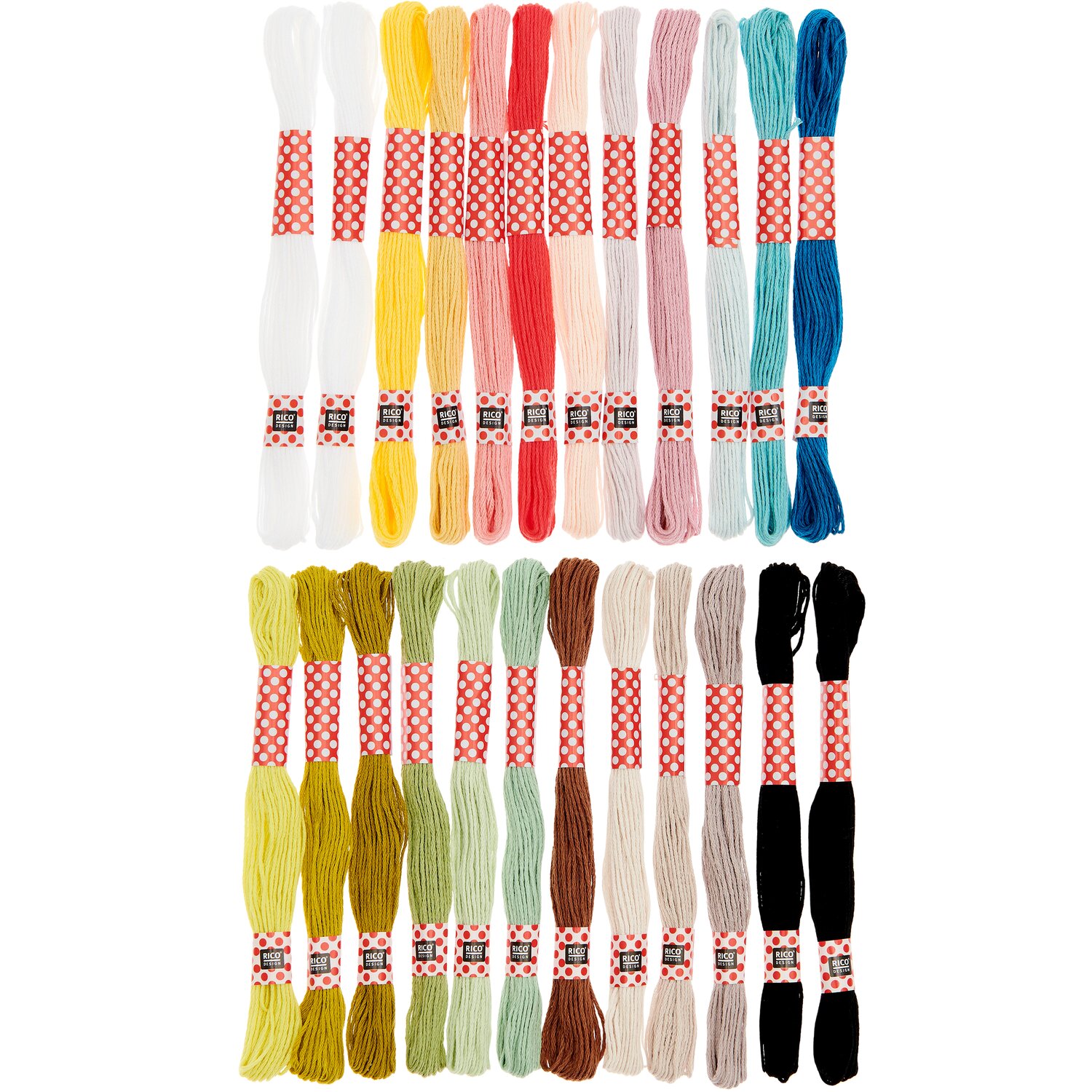 Stickgarn Set Fashion: 24-teiliges Set von Rico Design mit verschiedenen Garnfarben aufgereiht.