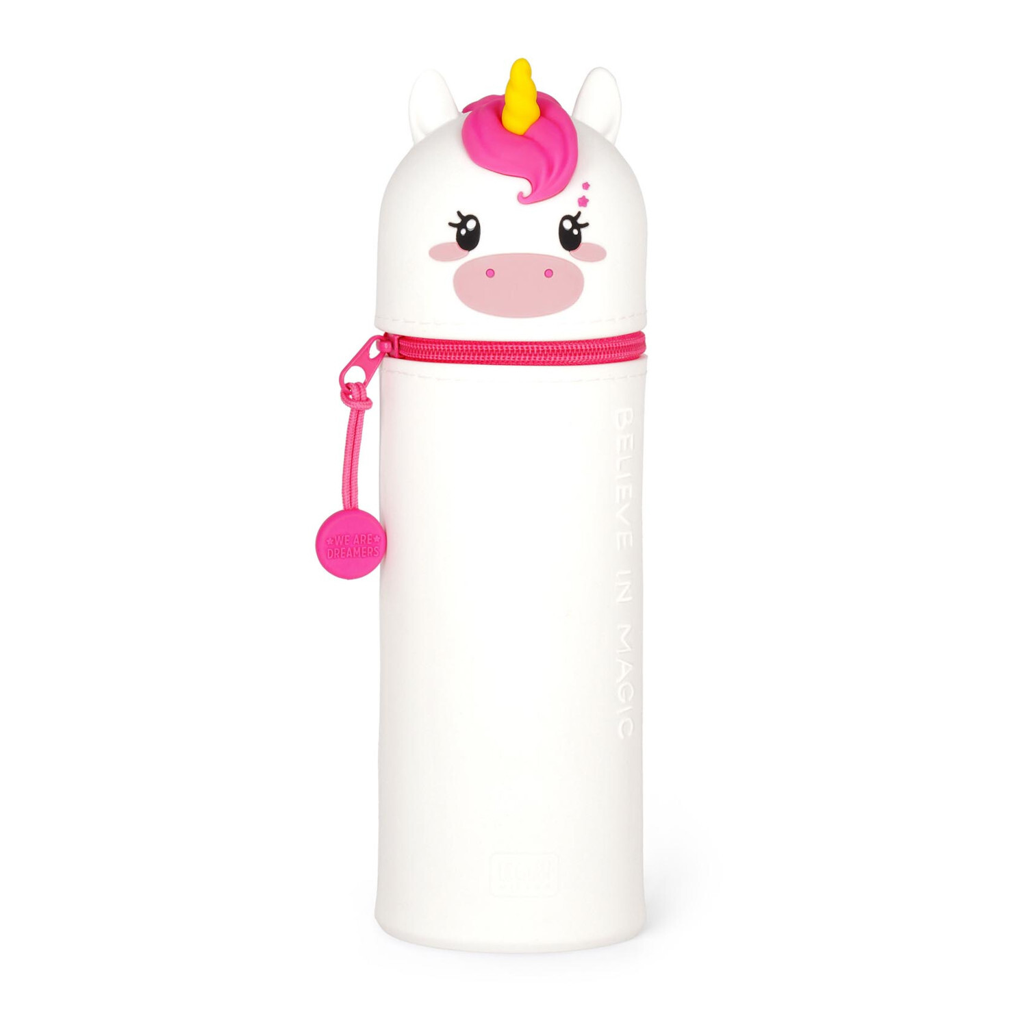 Etui Einhorn, Legami: Weißes Einhorn-Etui mit pinkem Reißverschluss, ideal für Stifte. Größe: Ø6,3x19,5cm.