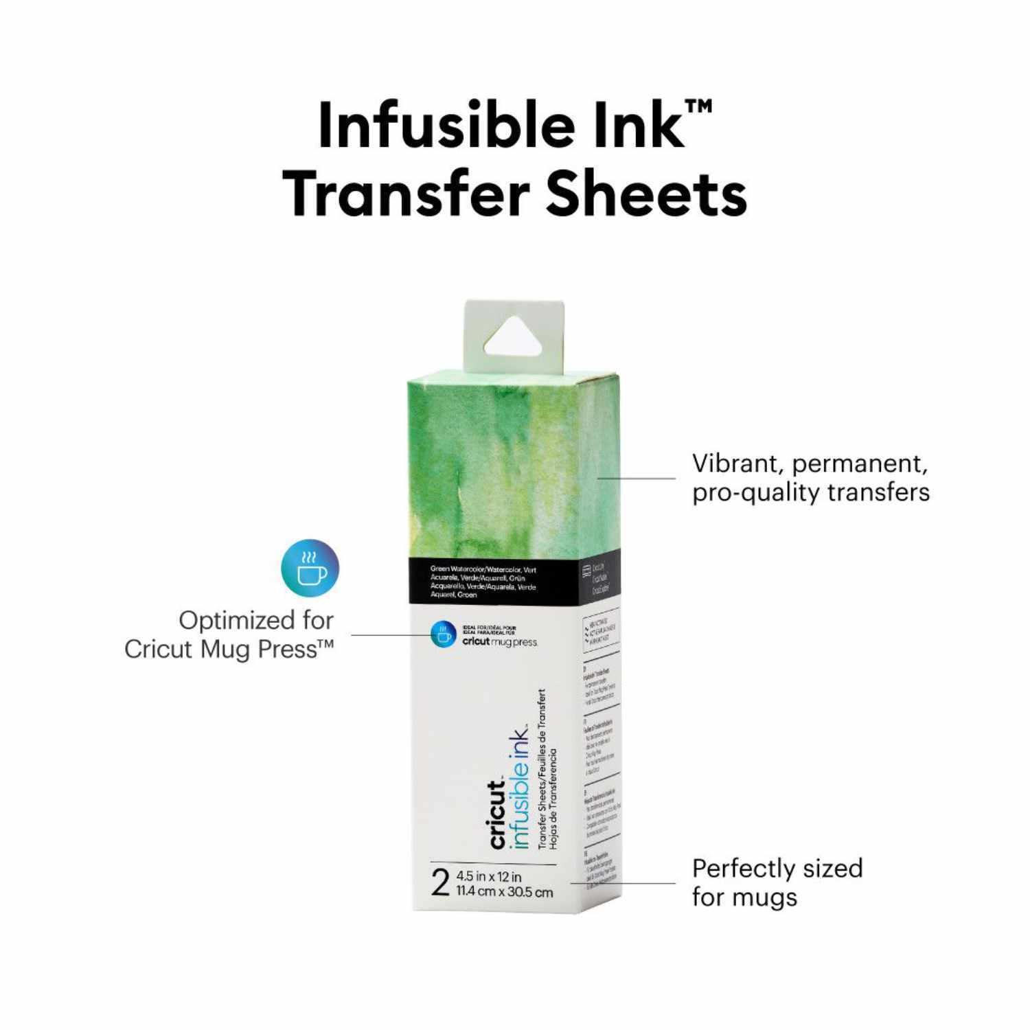 Infusible Ink Transferbogen Green Watercolor zeigt eine grüne Verpackung von Cricut, ideal für Tassen.