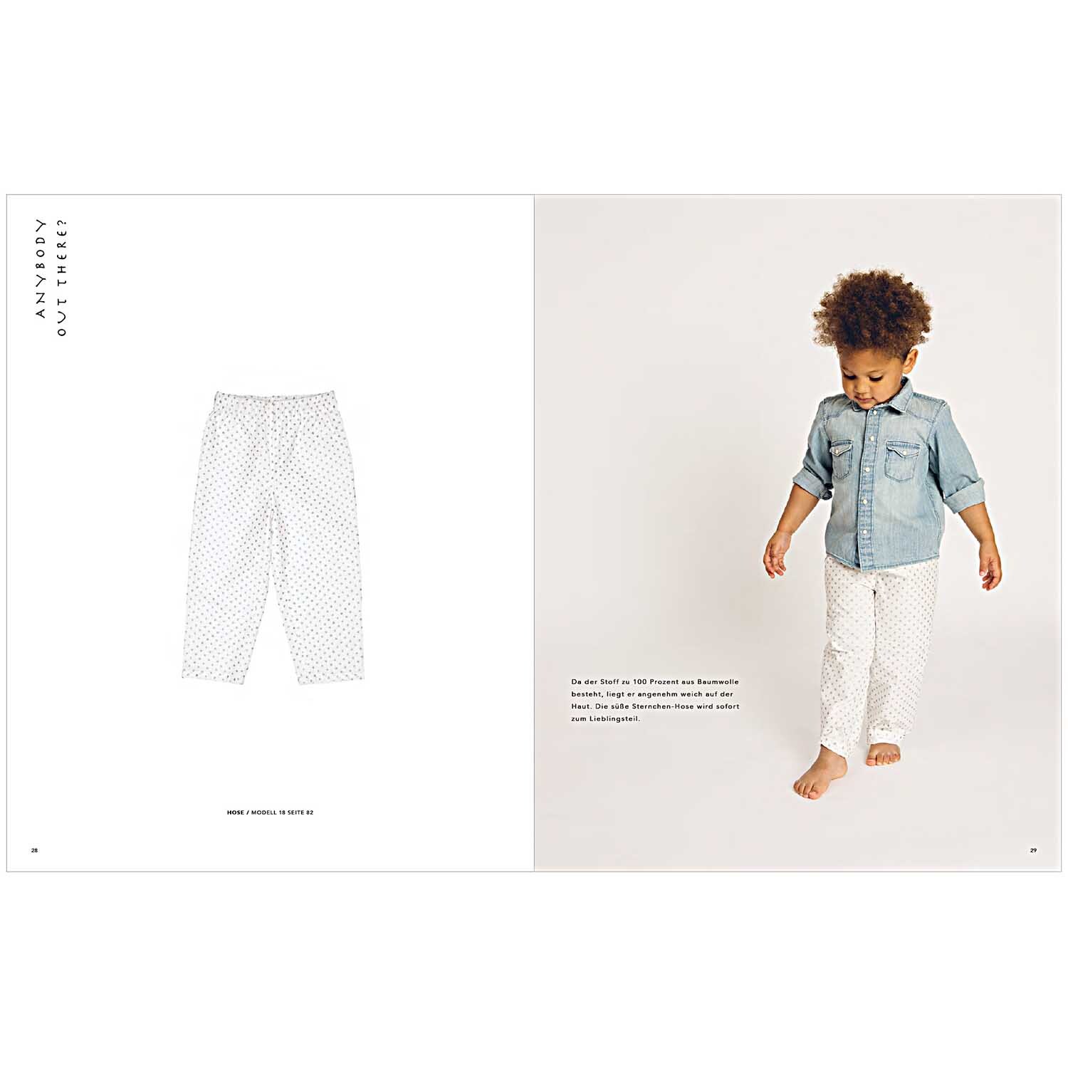 Das große Rico Näh- und Stickbuch zeigt ein Kind in weißer Hose und blauem Hemd neben einer Skizze der Hose. Ideal für kreative Nähideen.