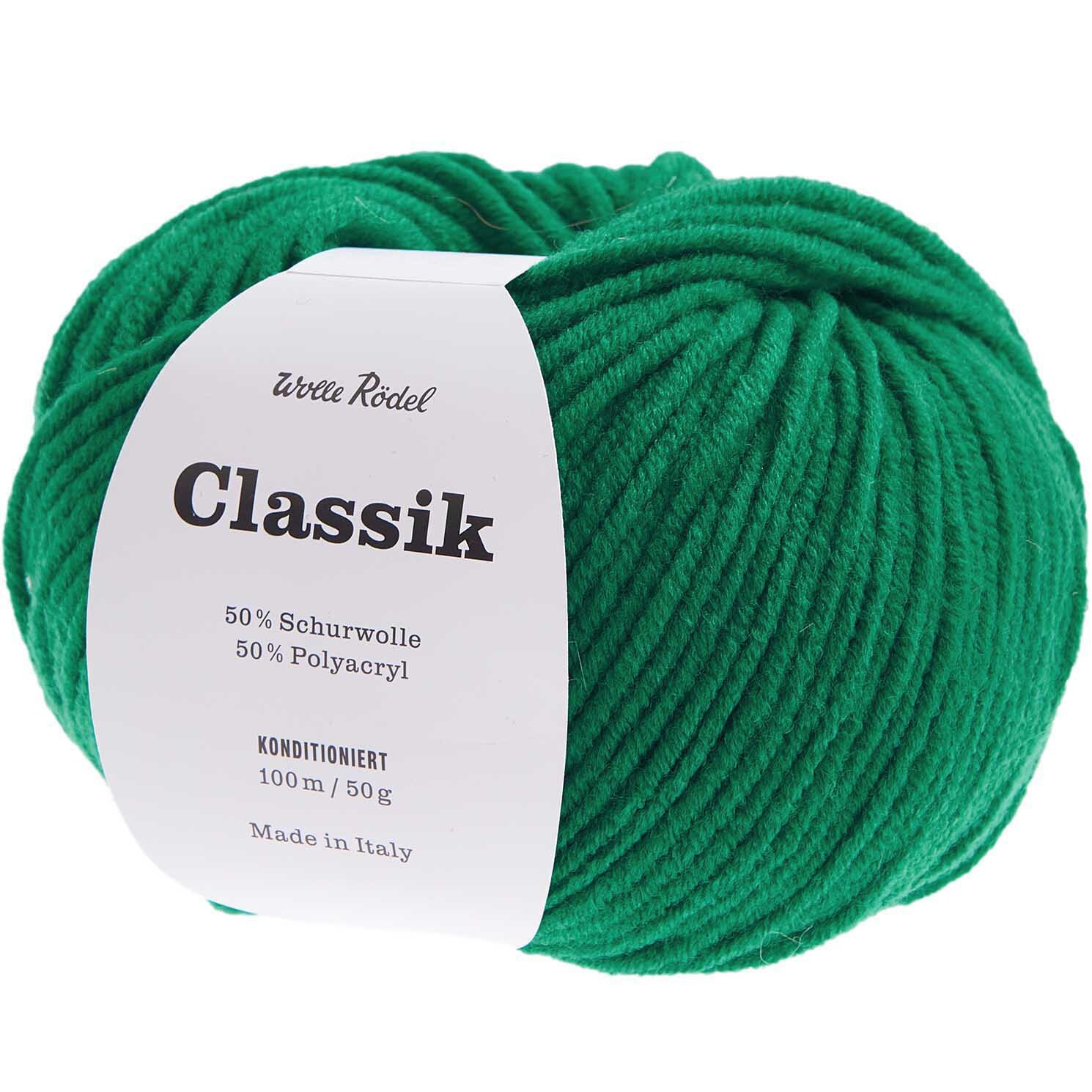 Classik Wolle in Smaragd von Wolle Rödel, 50g Knäuel, ideal für Strickprojekte.