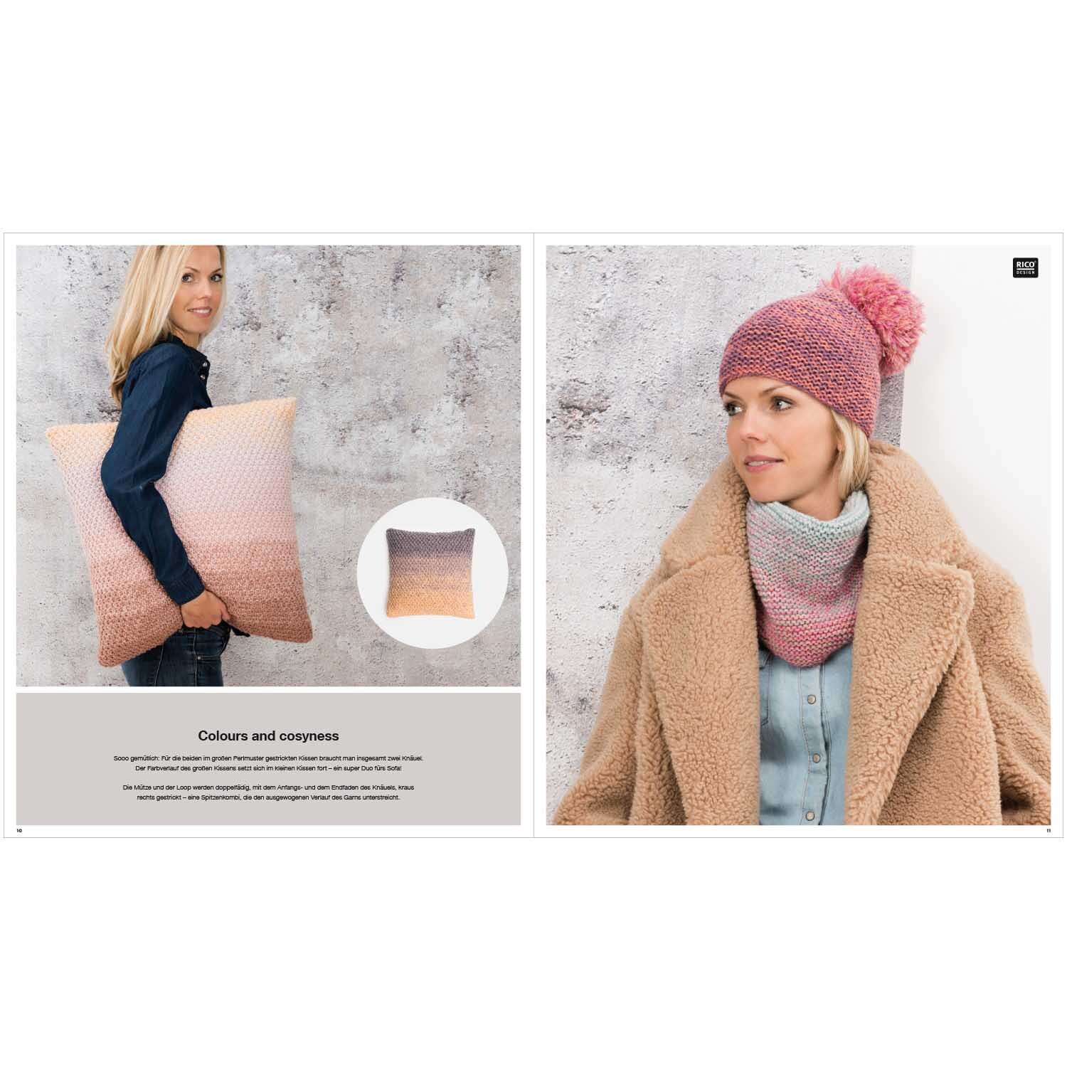 Publikation Wool Dégradé Special: Frau mit rosa Mütze und Schal, hält Kissen in Rosa- und Beigetönen.