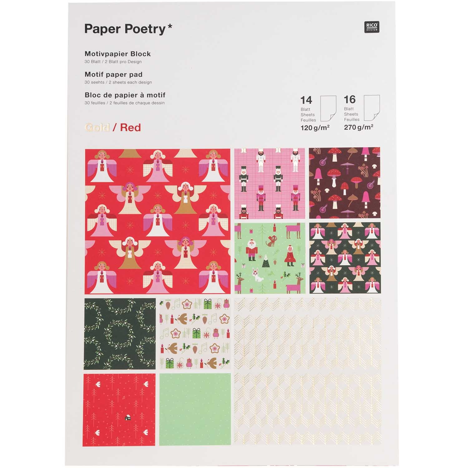Paper Poetry Motivpapierblock Christmas is in the air mit 30 Blättern, festliche Designs in Rot und Grün, ideal für kreative Weihnachtsprojekte.