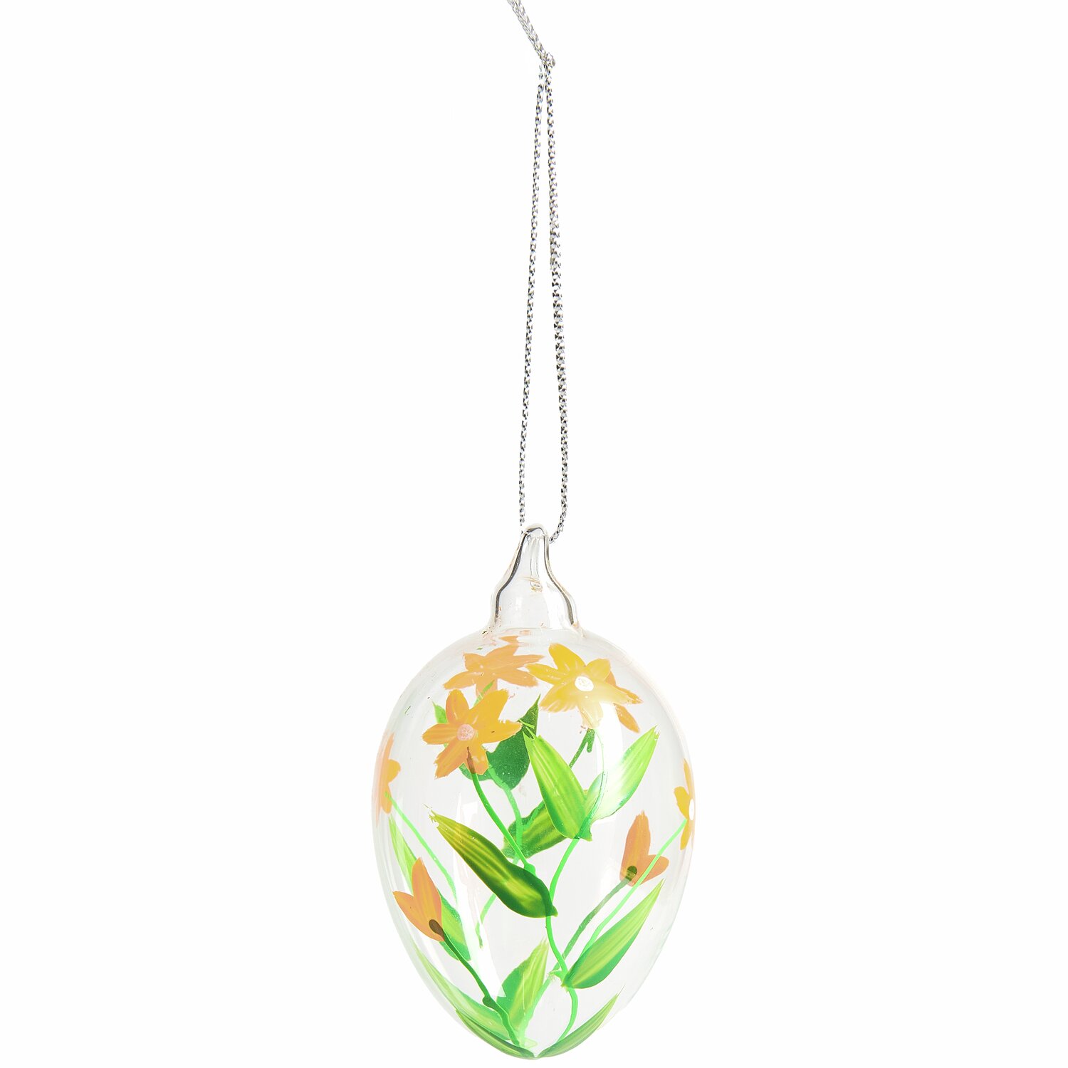 Glas Eier Frühlingswiese handbemalt 4 Stück: Handbemaltes Glasei mit gelben Blumenmotiv, hängend an einer silbernen Kette. Ideal für Frühlingsdekoration.