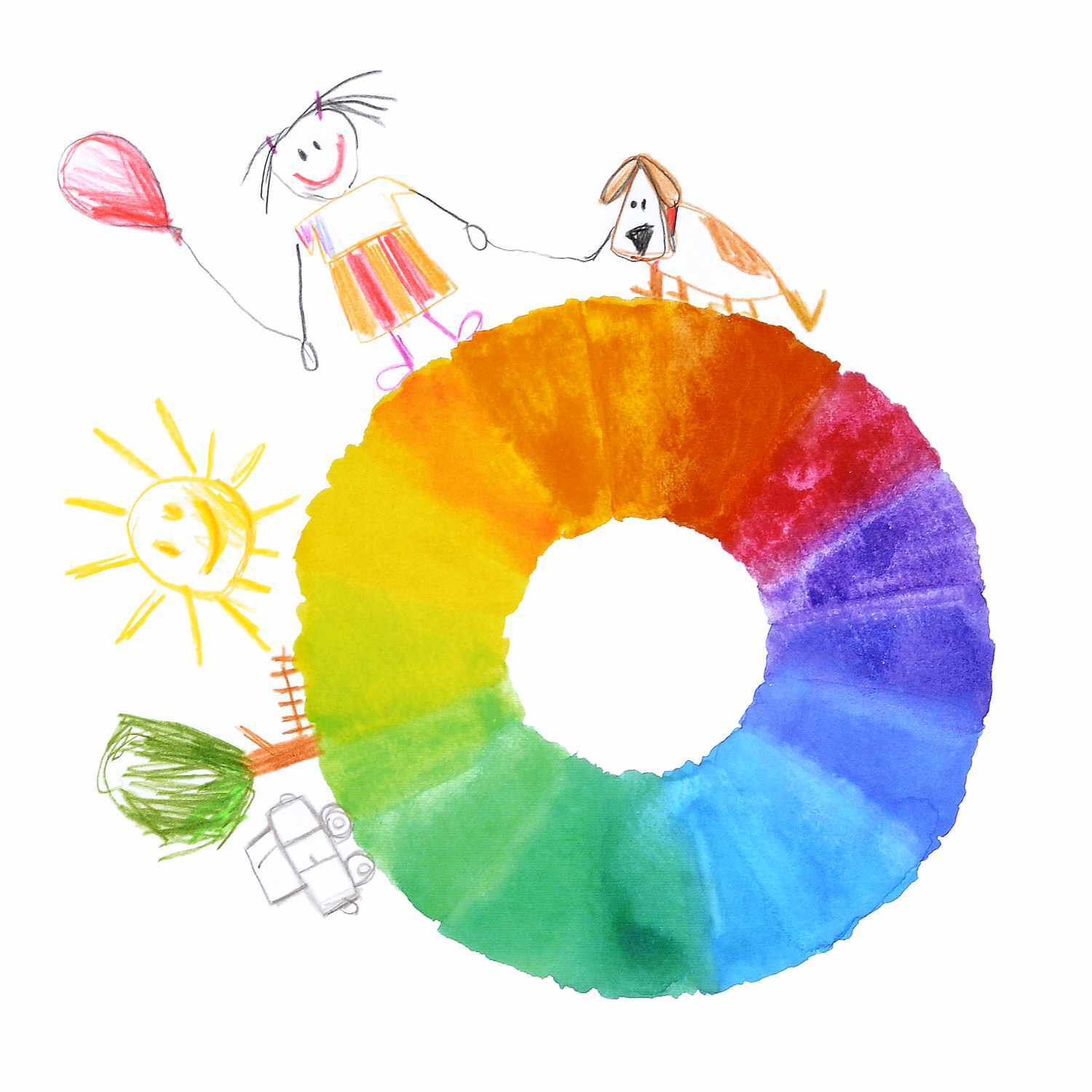 Farbkasten Connector 12 Farben von Faber Castell: Ein bunter Kreis aus Wasserfarben mit Kinderzeichnungen von Sonne, Hund und Mädchen.