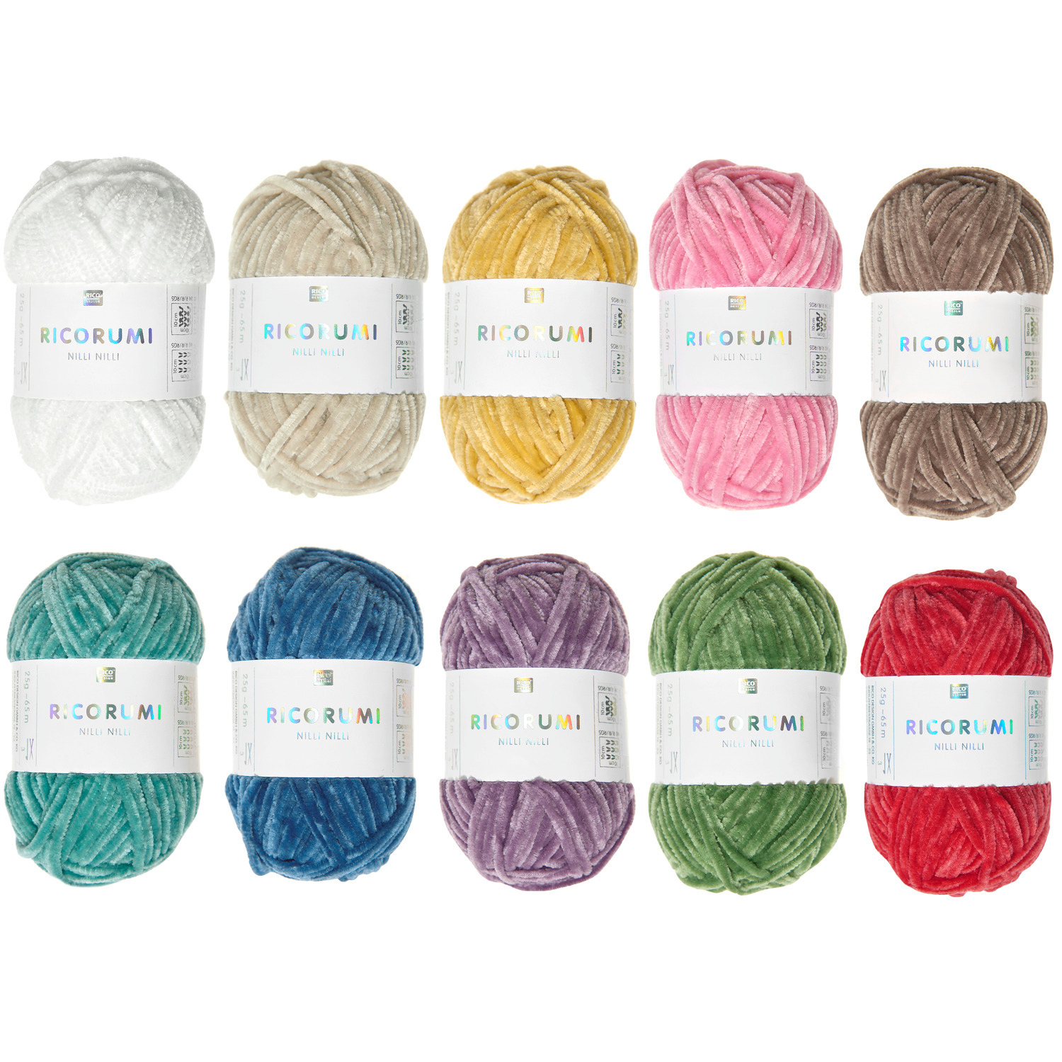 Nilli Nilli Set Rainbow: Zehn bunte Wollknäuel von Rico Design in verschiedenen Farben, ideal für kreative Strickprojekte.