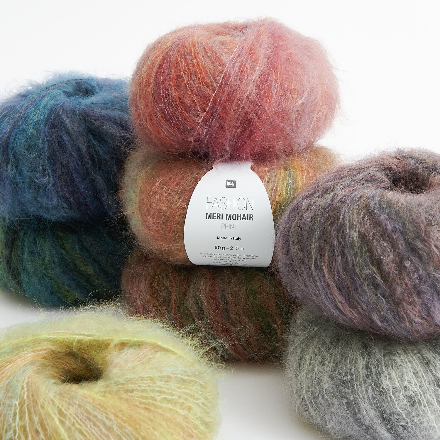 Fashion Meri Mohair Print, weiche Mohair-Wolle in verschiedenen Farben, ideal für Strickprojekte.