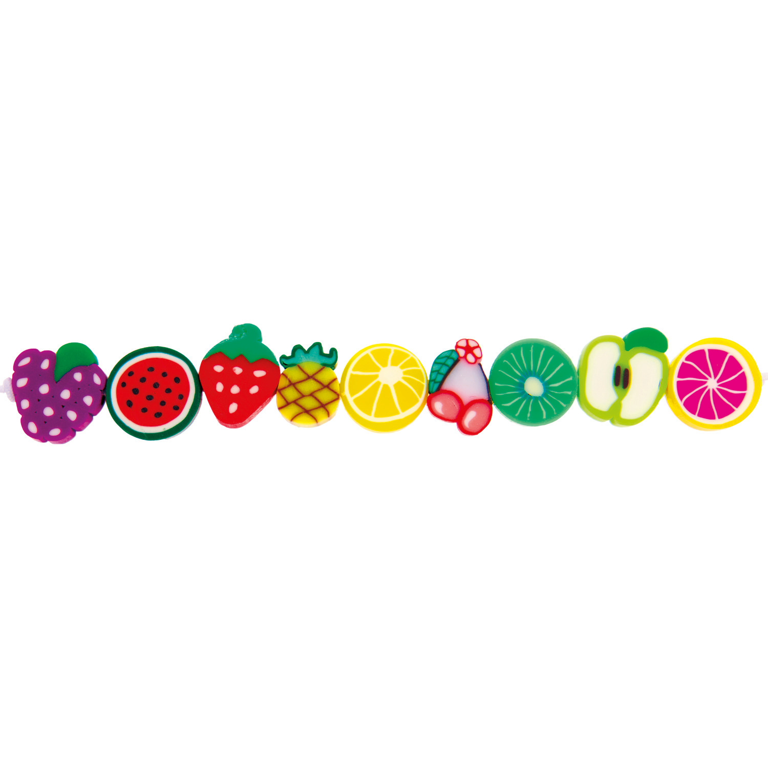 itoshii Tutti Frutti Perlen 11mm, 20 Stück, mehrfarbig, zeigen Fruchtmotive wie Ananas und Zitrone. Ideal für kreative Bastelprojekte.