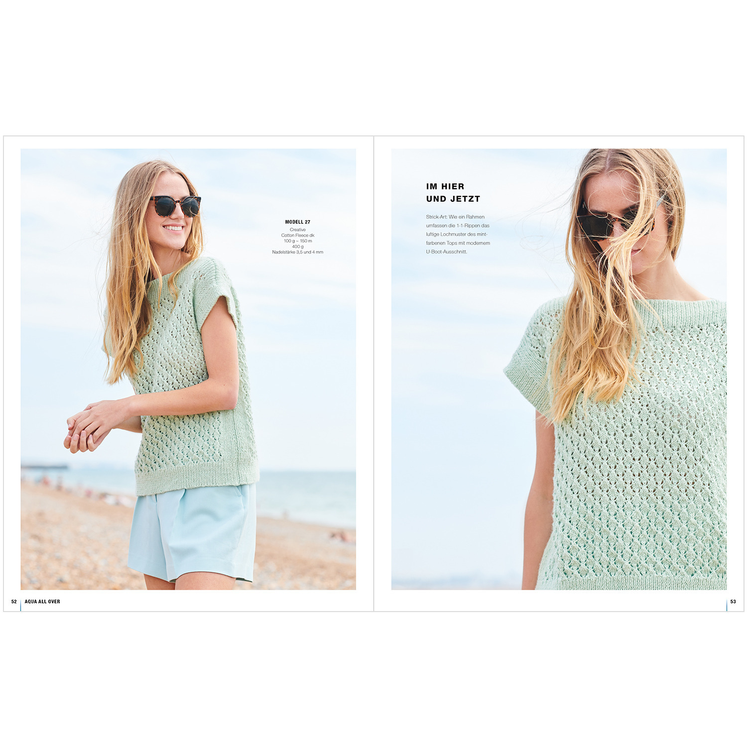 Lovewool Nr.18 Handstrickmagazin Frühjahr-Sommer zeigt eine Frau am Strand in einem mintgrünen Strickoberteil von Rico Design.
