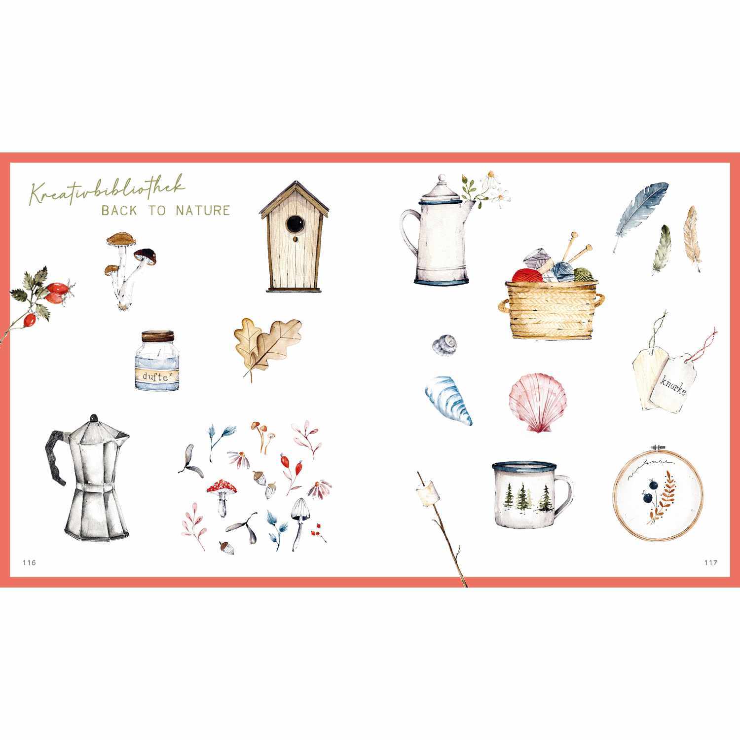 Boho Watercolor: Aquarellillustrationen von Naturmotiven wie Blättern, Federn und Muscheln. Kreativbibliothek "Back to Nature" von EMF.