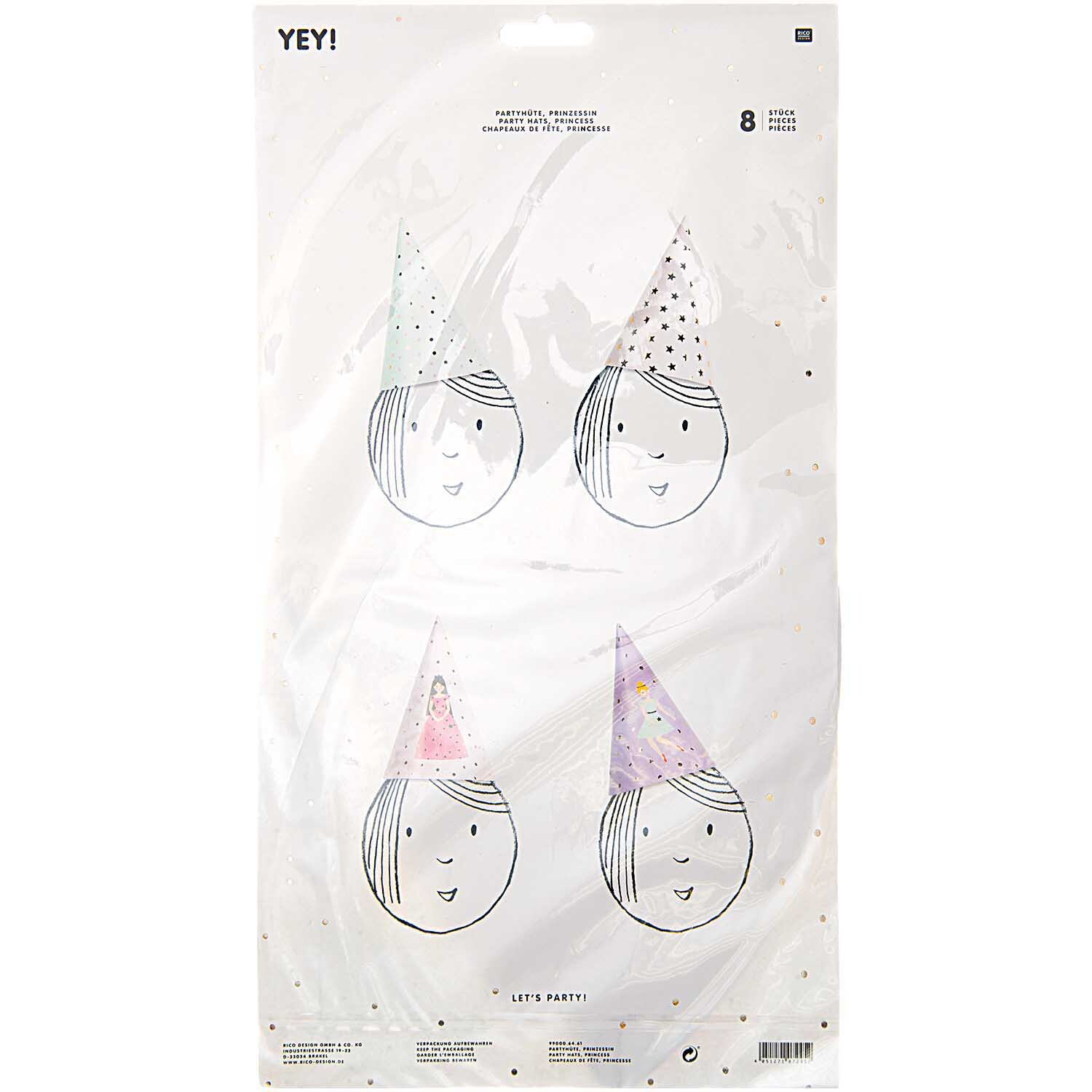 Partyhüte Prinzessin 20cm 8 Stück von Rico Design. Vier gezeichnete Gesichter mit bunten Hüten. Ideal für Feiern und Dekorationen.