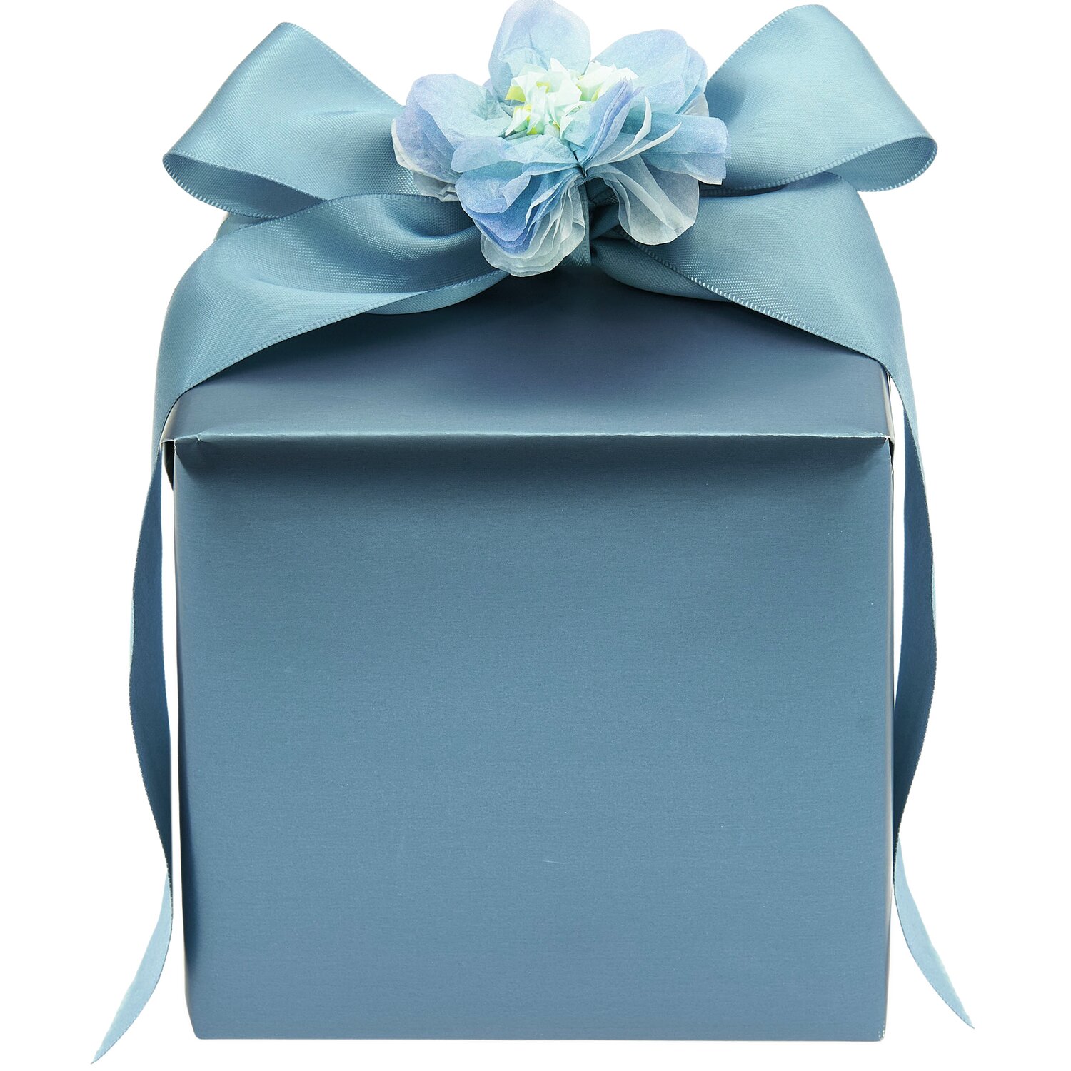 Geschenkpapier Metallic Matt: Elegante blaue Geschenkbox mit Schleife und Blume, ideal für besondere Anlässe.