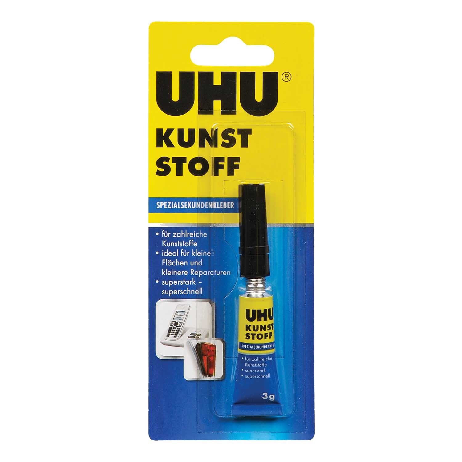 Kunststoff Spezialsekundenkleber 3g von UHU in gelber Verpackung, ideal für Kunststoffreparaturen.