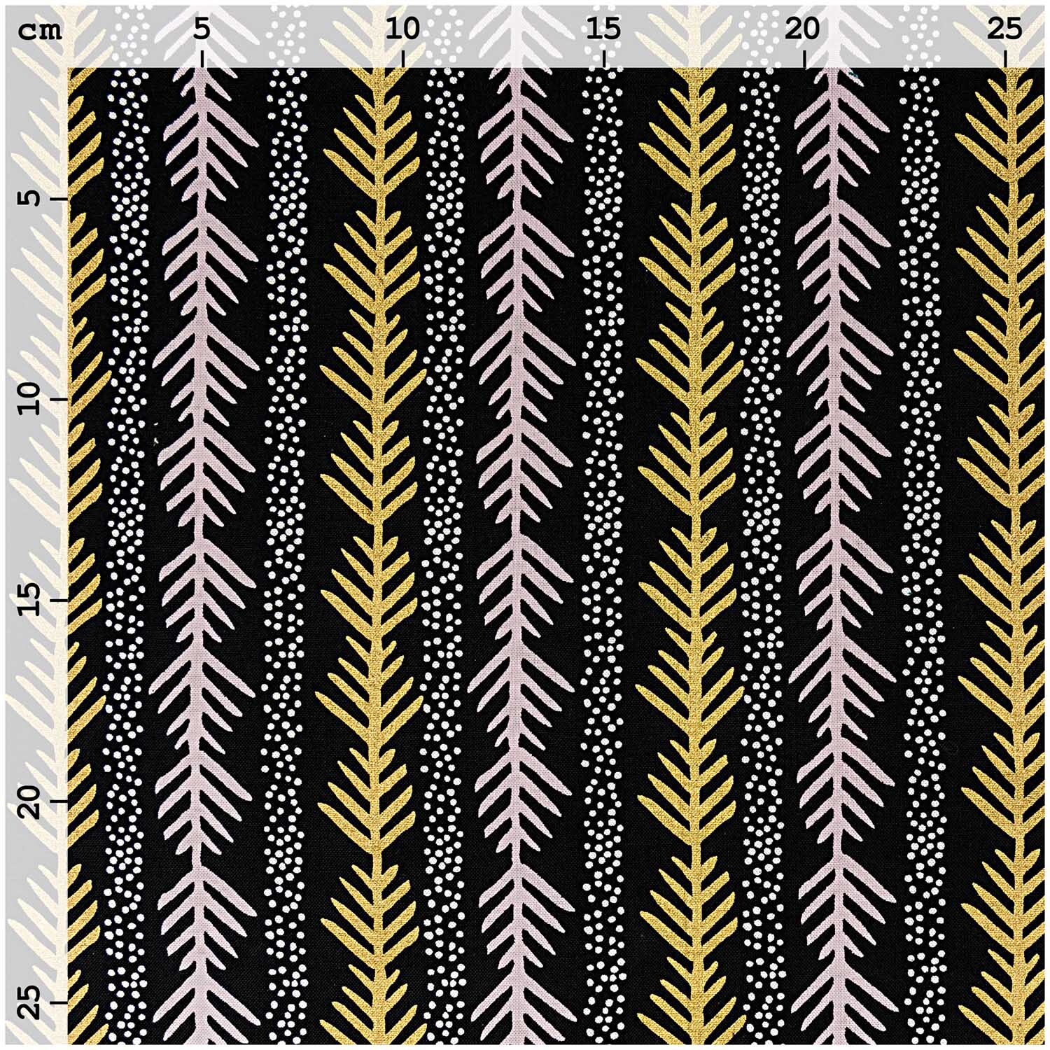 Stoff grafische Tanne 50x140cm mit goldenen und schwarzen Tannenmuster von Rico Design.