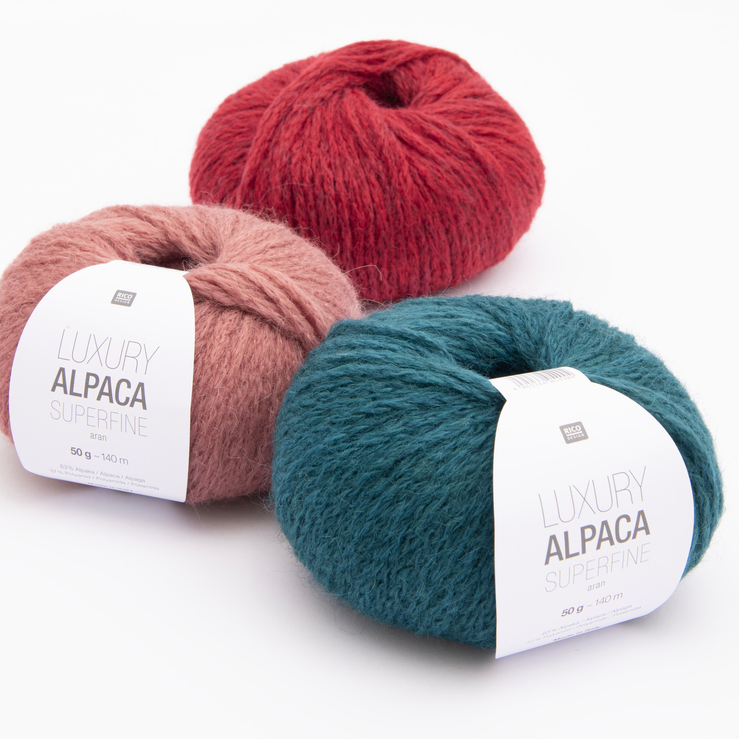 Rico Luxury Alpaca Superfine aran Wolle in Rosenquarz, Rot und Petrol, 50g 140m, ideal für Strickprojekte.