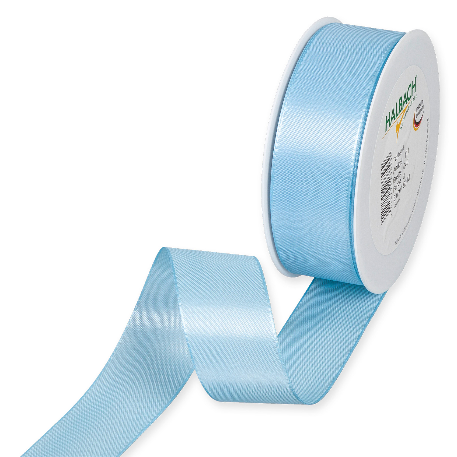 Taftband 40mm 5m: Hellblaues Band von Halbach auf Rolle, ideal für Dekorationen und Bastelprojekte.