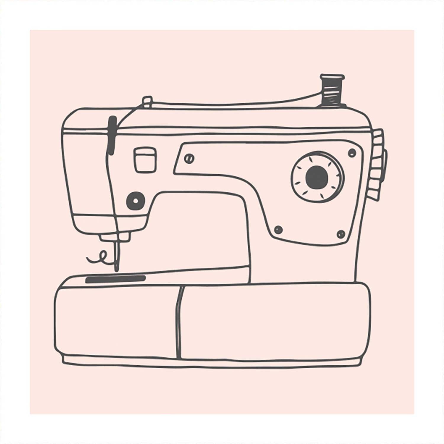 Stempel Nähmaschine 45x45mm: Illustration einer Nähmaschine auf rosa Hintergrund, Marke May&Berry.