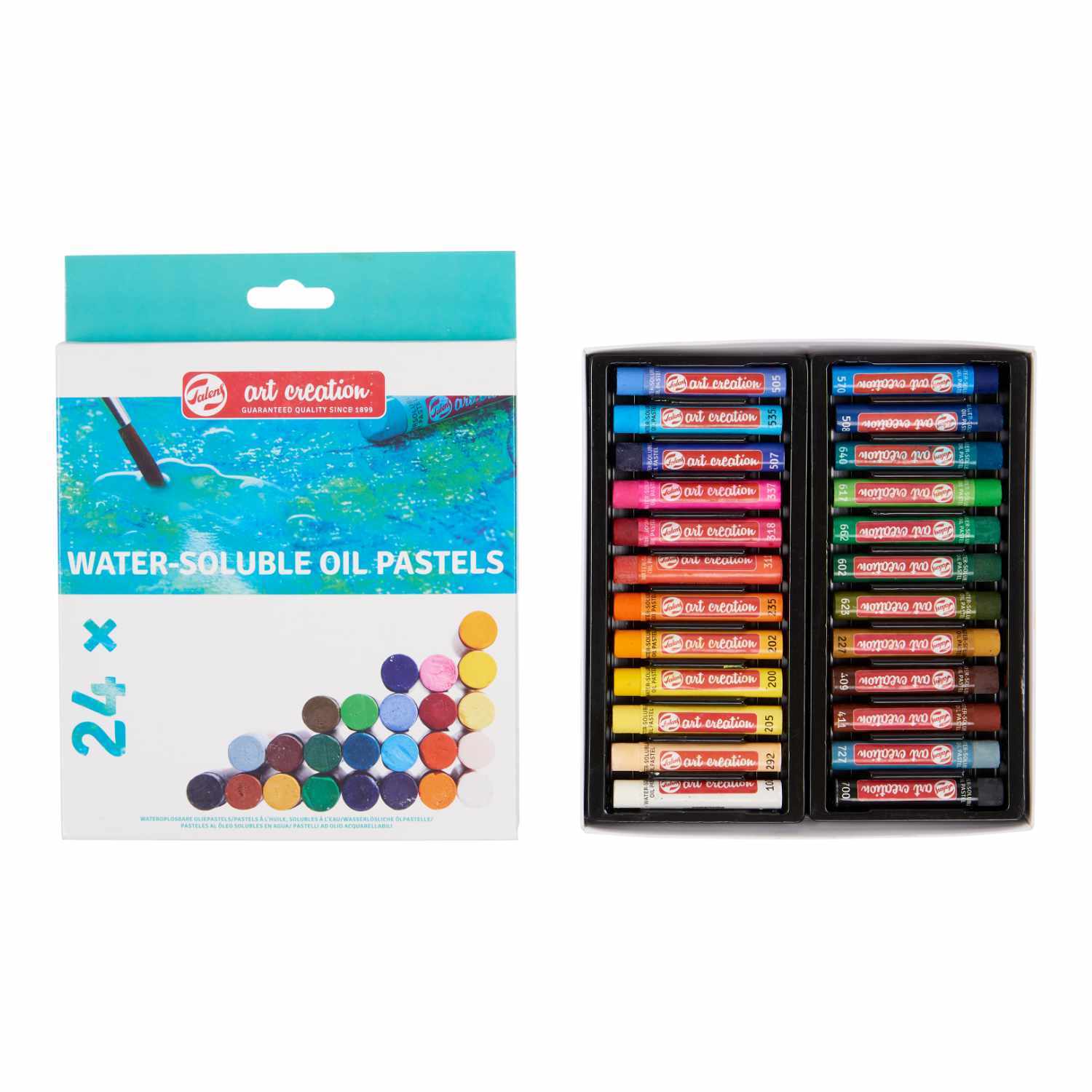 Talens Art Creation Wasserlösliche Ölpastelle Set mit 24 leuchtenden Farben in einer offenen Verpackung.