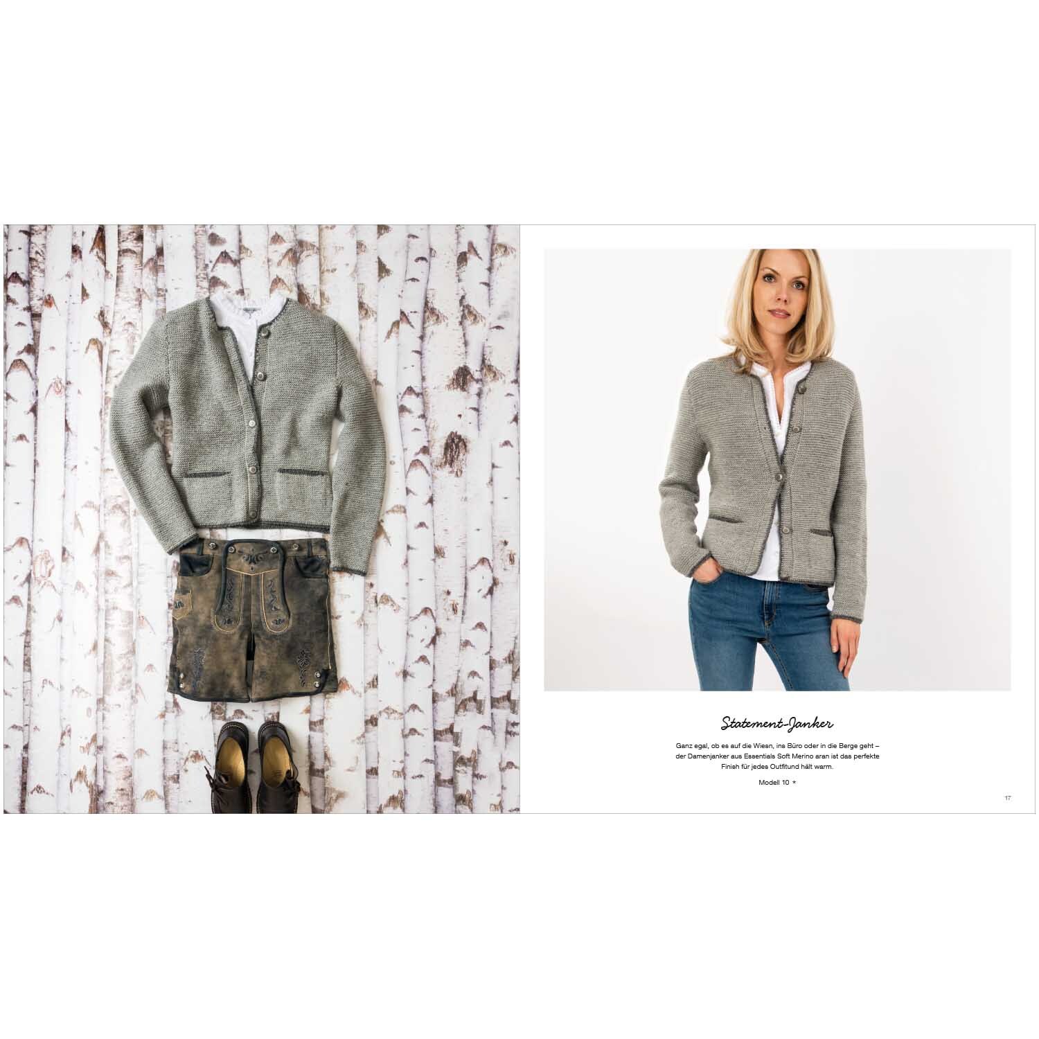 Trachtenbuch Alpine Knits: Grauer Strickjacke mit traditionellem Design, präsentiert von Rico Design.