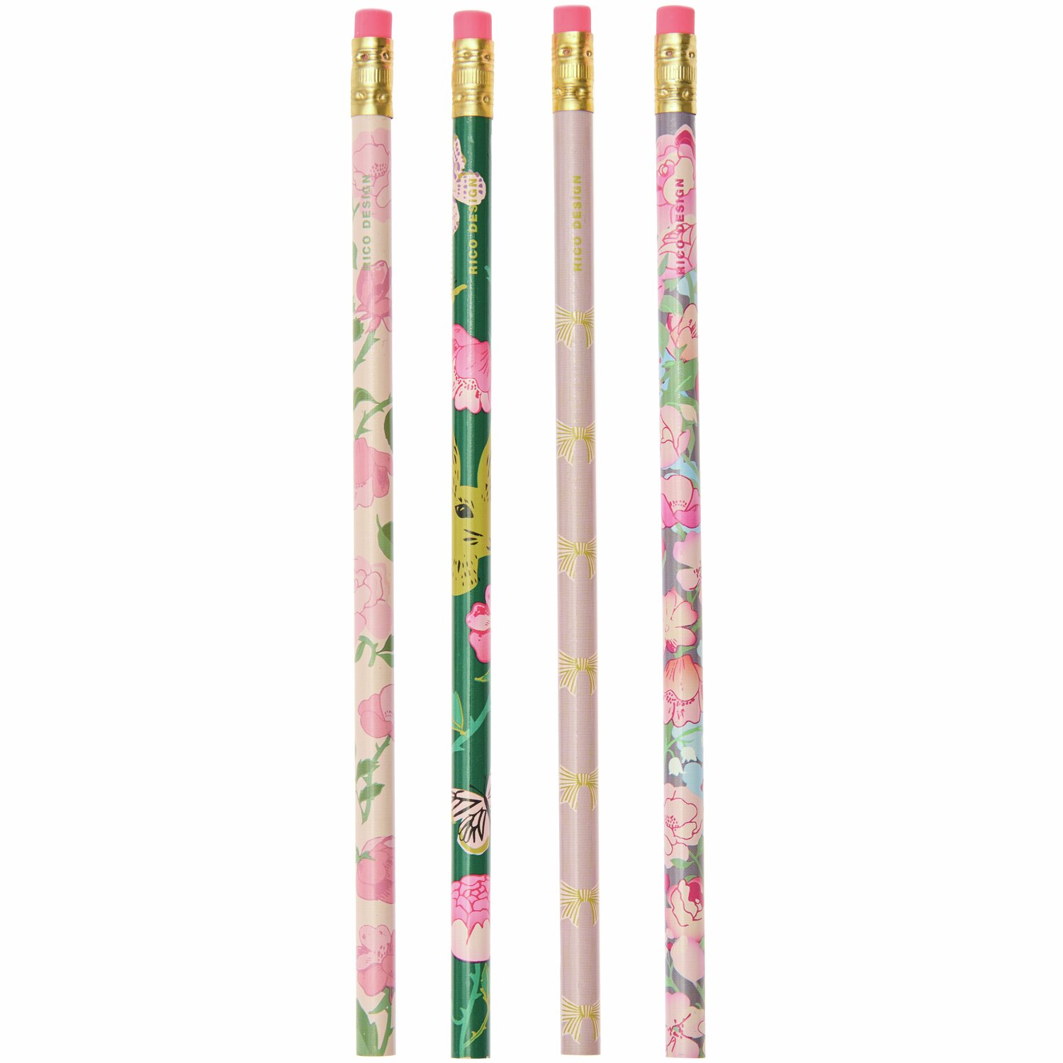 Paper Poetry Bleistiftset La Vie en Rose, 4 Stück, mit floralen Mustern und Radiergummis. Ideal für kreative Projekte und stilvolles Schreiben.