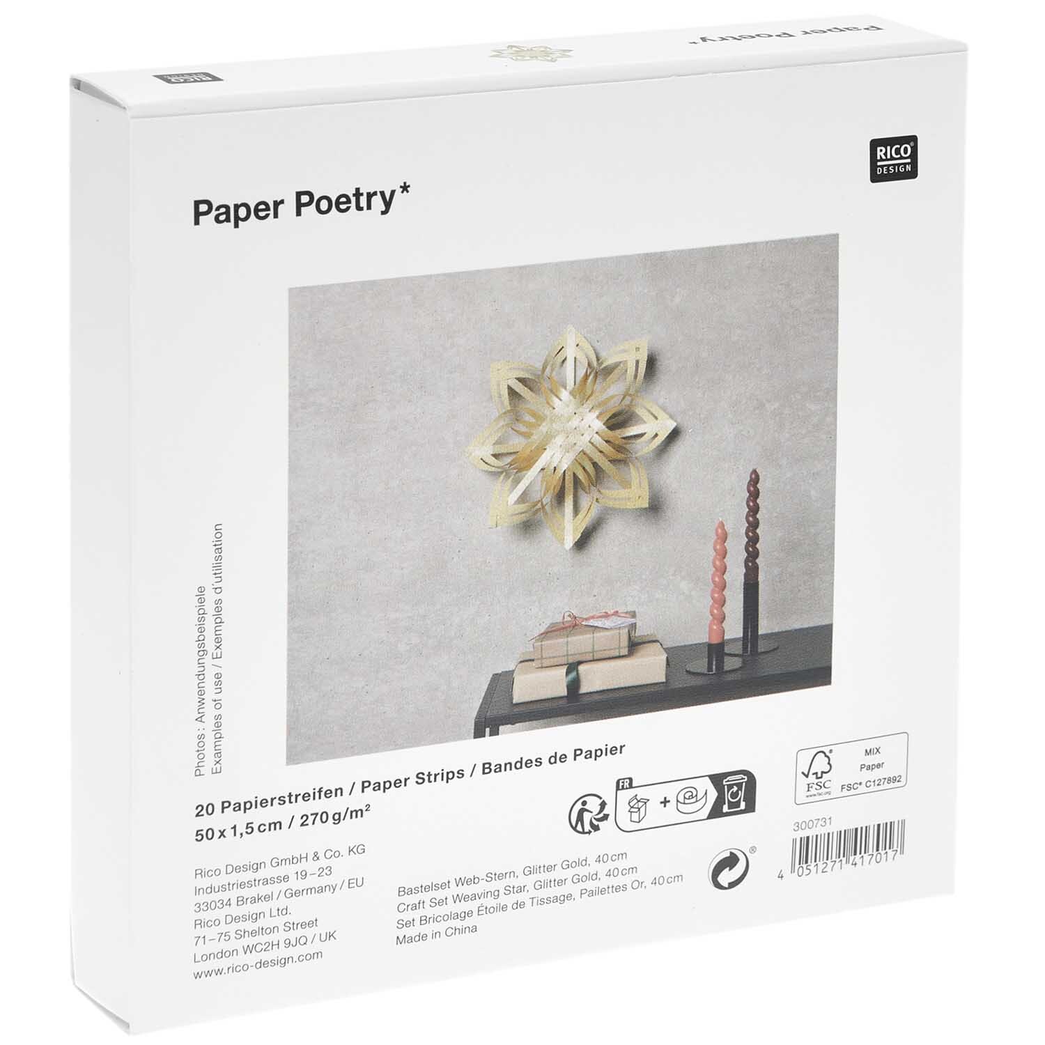 Paper Poetry Web-Stern Größe M 270g/m2 in einer Verpackung von Rico Design, abgebildet mit einem dekorativen goldenen Stern auf grauem Hintergrund.