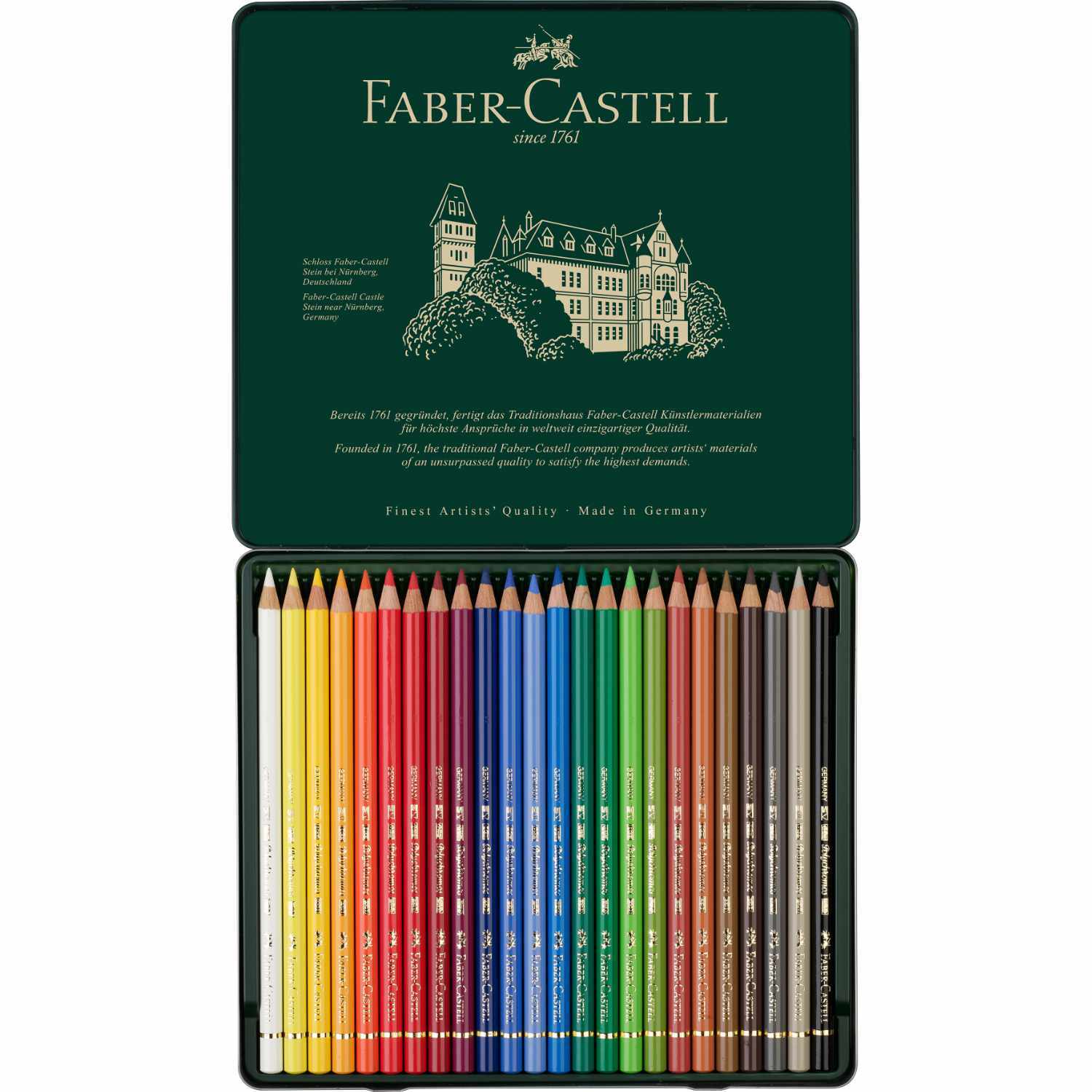 Polychromos Farbstifte Metalletui mit 24 bunten Stiften von Faber Castell, ideal für Künstler.