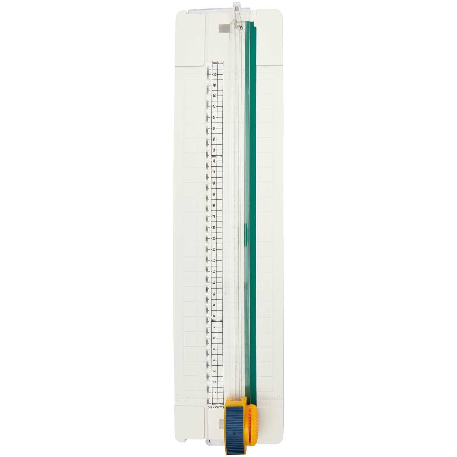 Schneidelineal A4 40x10cm von Rico Design, weiß mit grünem Lineal und gelbem Drehknopf. Ideal für präzises Schneiden.
