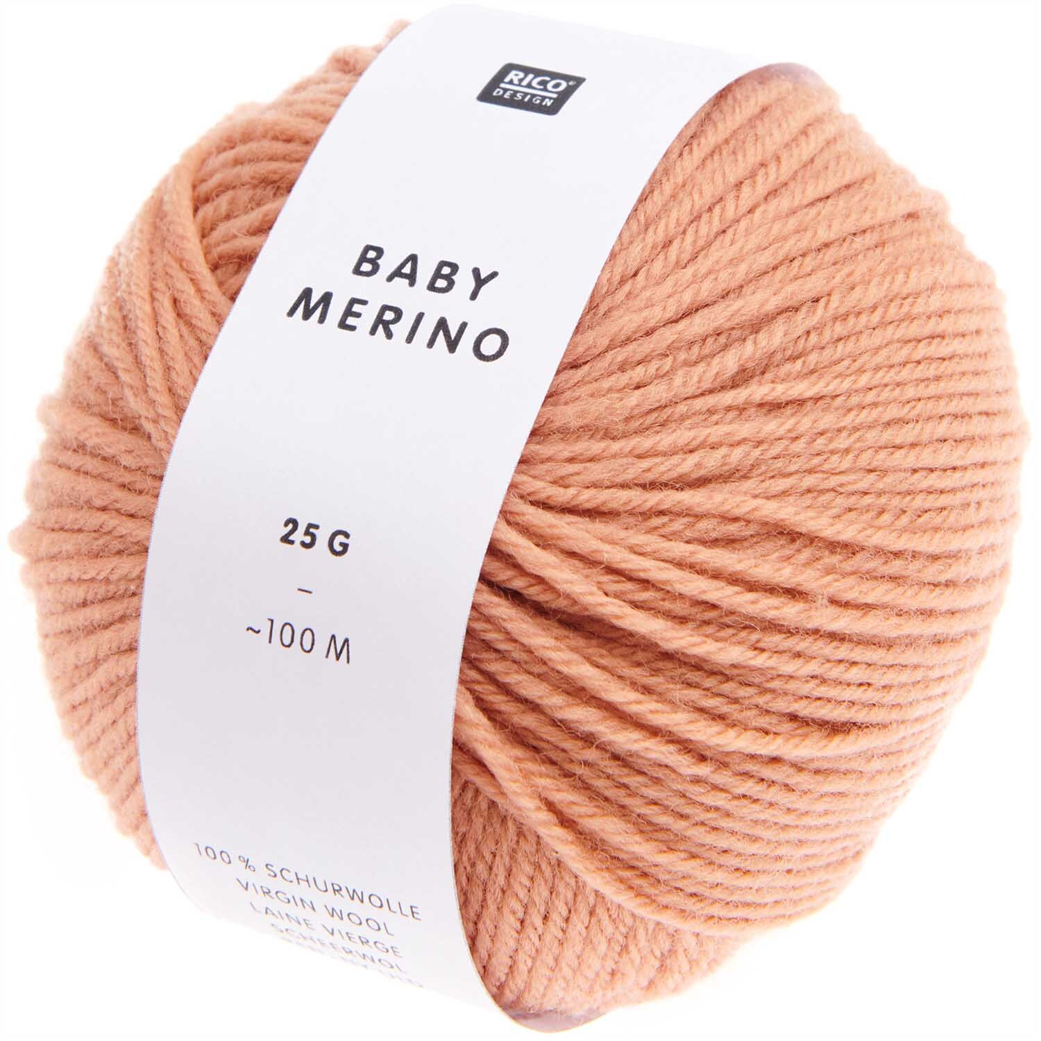 Baby Merino von Rico Design in Puder, 25g Knäuel mit 100m Länge, ideal für weiche Strickprojekte.