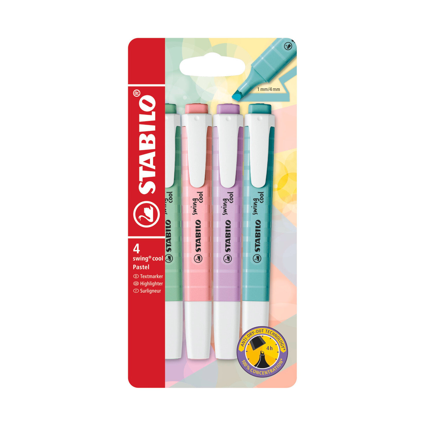 swing cool Textmarker Pastell 4 Stück von STABILO in sanften Farben, ideal für präzises Markieren.