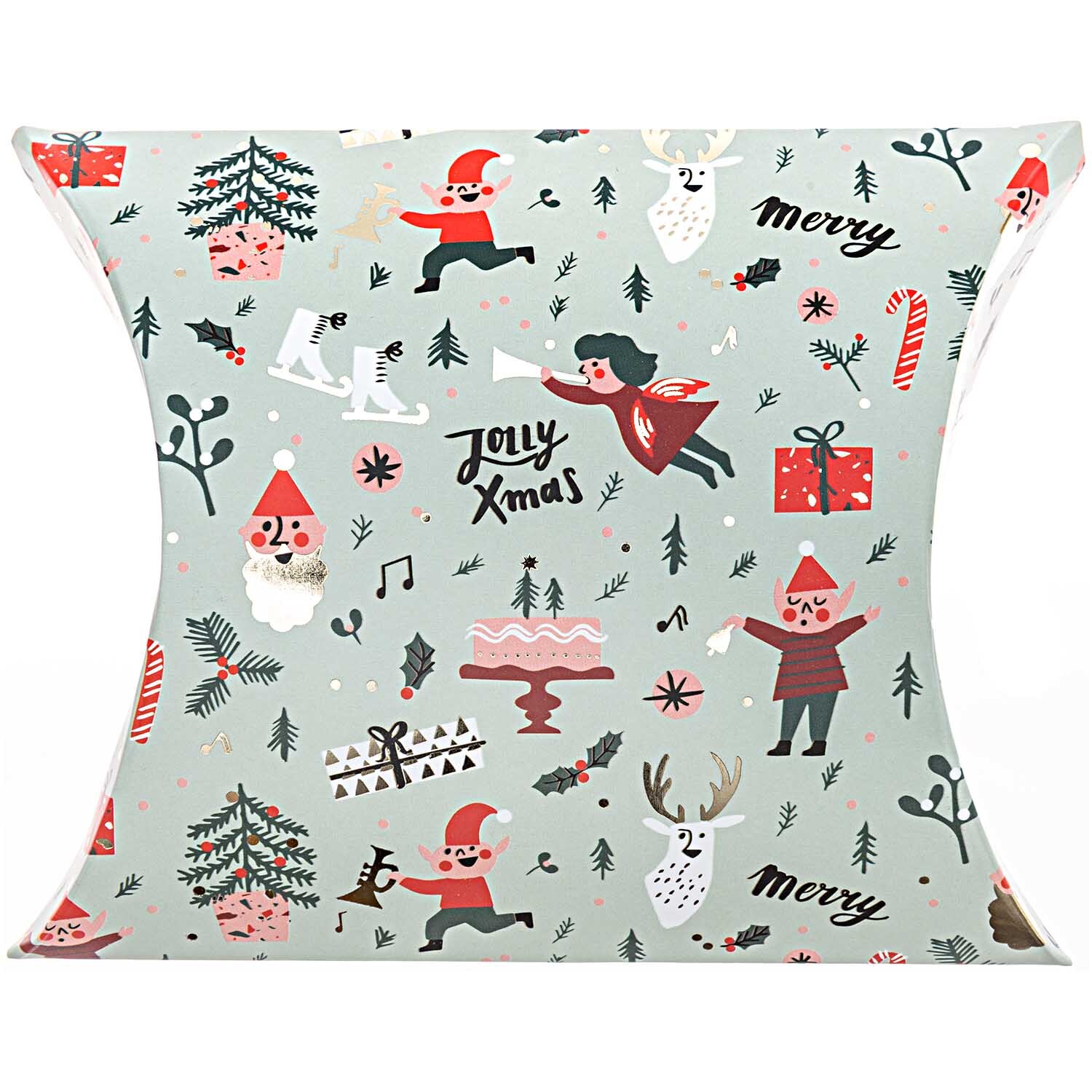 Paper Poetry Geschenkschachteln mit weihnachtlichen Motiven wie Weihnachtsmännern und Tannenbäumen auf hellgrünem Hintergrund.