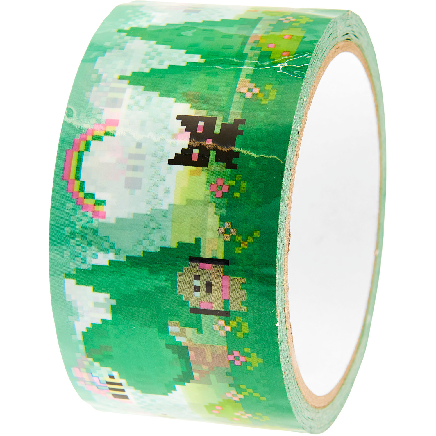 Paper Poetry Paketklebeband mit Pixelmotiv in Grün zeigt bunte Pixelbilder von Bäumen und Regenbogen. Größe: 5cm x 32m. Ideal für kreative Verpackungen.