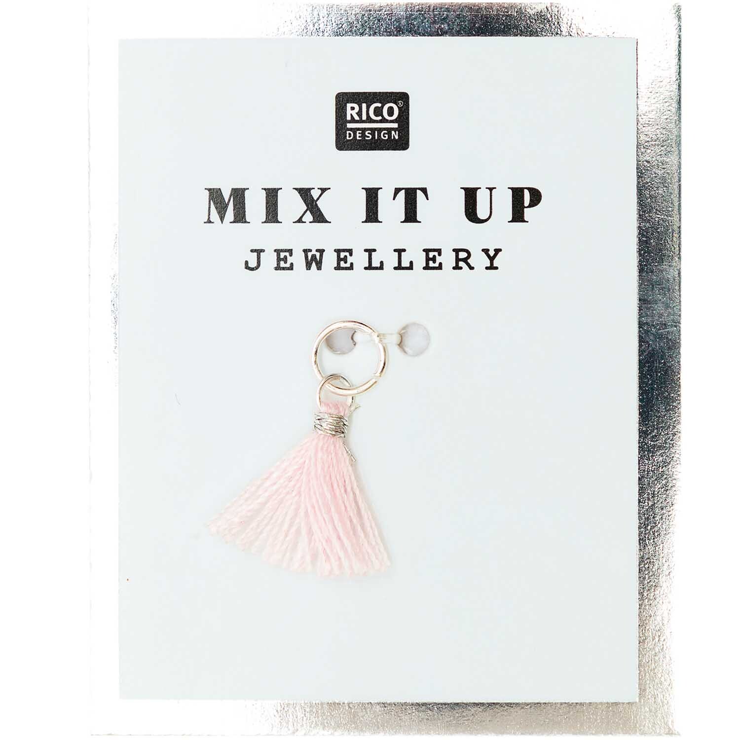 Mix it Up - Jewellery Mini-Quaste 11mm von Rico Design in Silber-Rosa auf weißem Hintergrund.