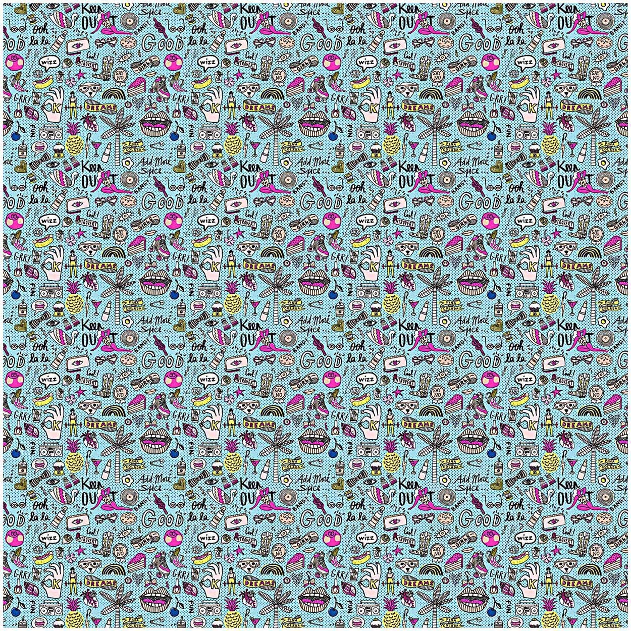 Stoff cool Girls blau-neon 140cm mit buntem, verspieltem Muster von Rico Design. Ideal für kreative Projekte.