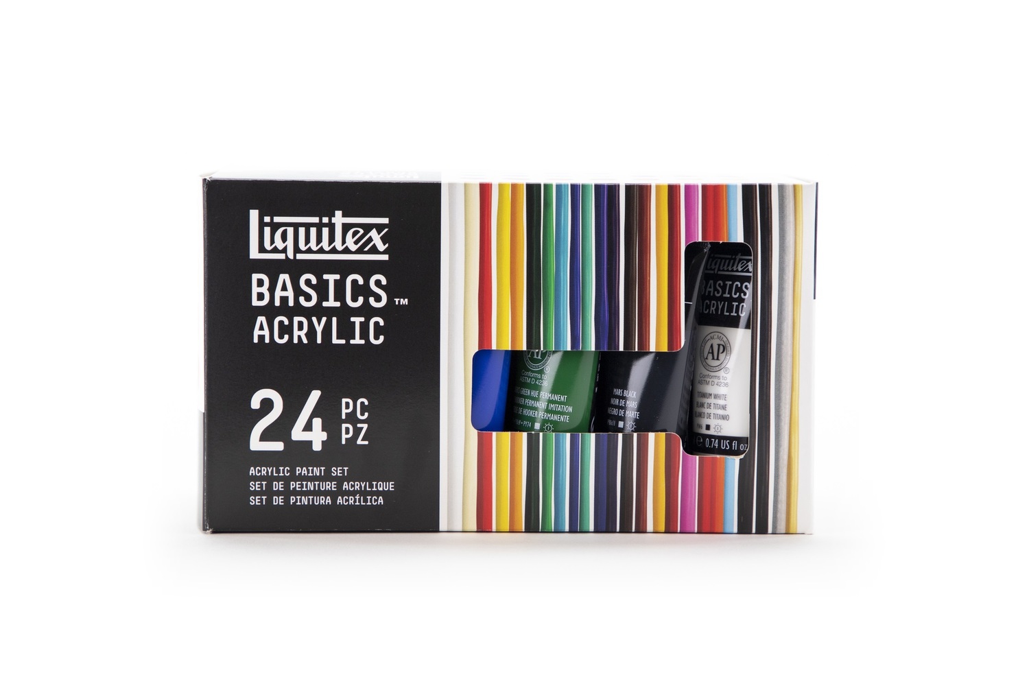 Basics Acrylfarben Set 24x22ml zeigt eine Verpackung mit 24 mehrfarbigen Acrylfarben von Liquitex.