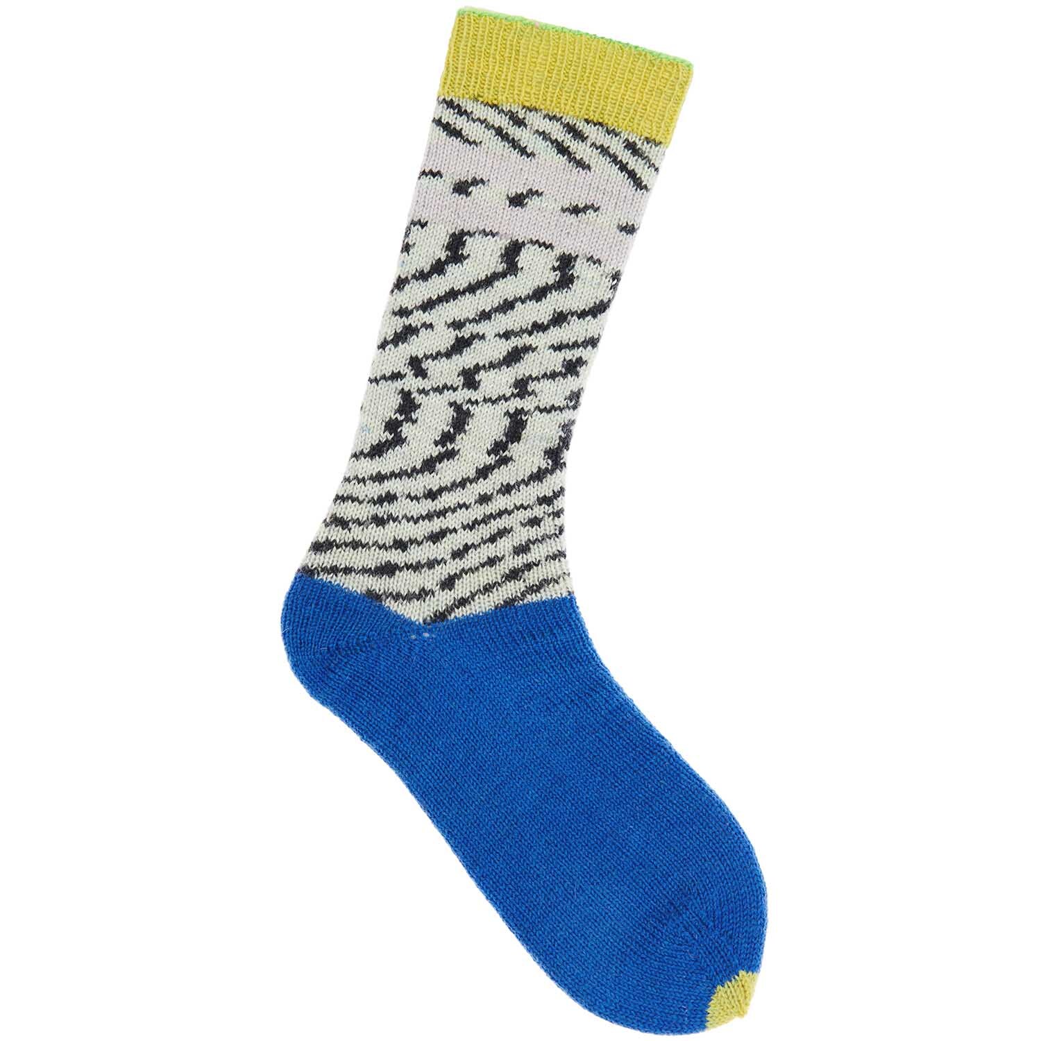 Superba Hottest Socks ever! 4fädig: Bunte Socke mit diagonalen Mustern, blauem Fuß und gelbem Bündchen. Ideal für modische Akzente.