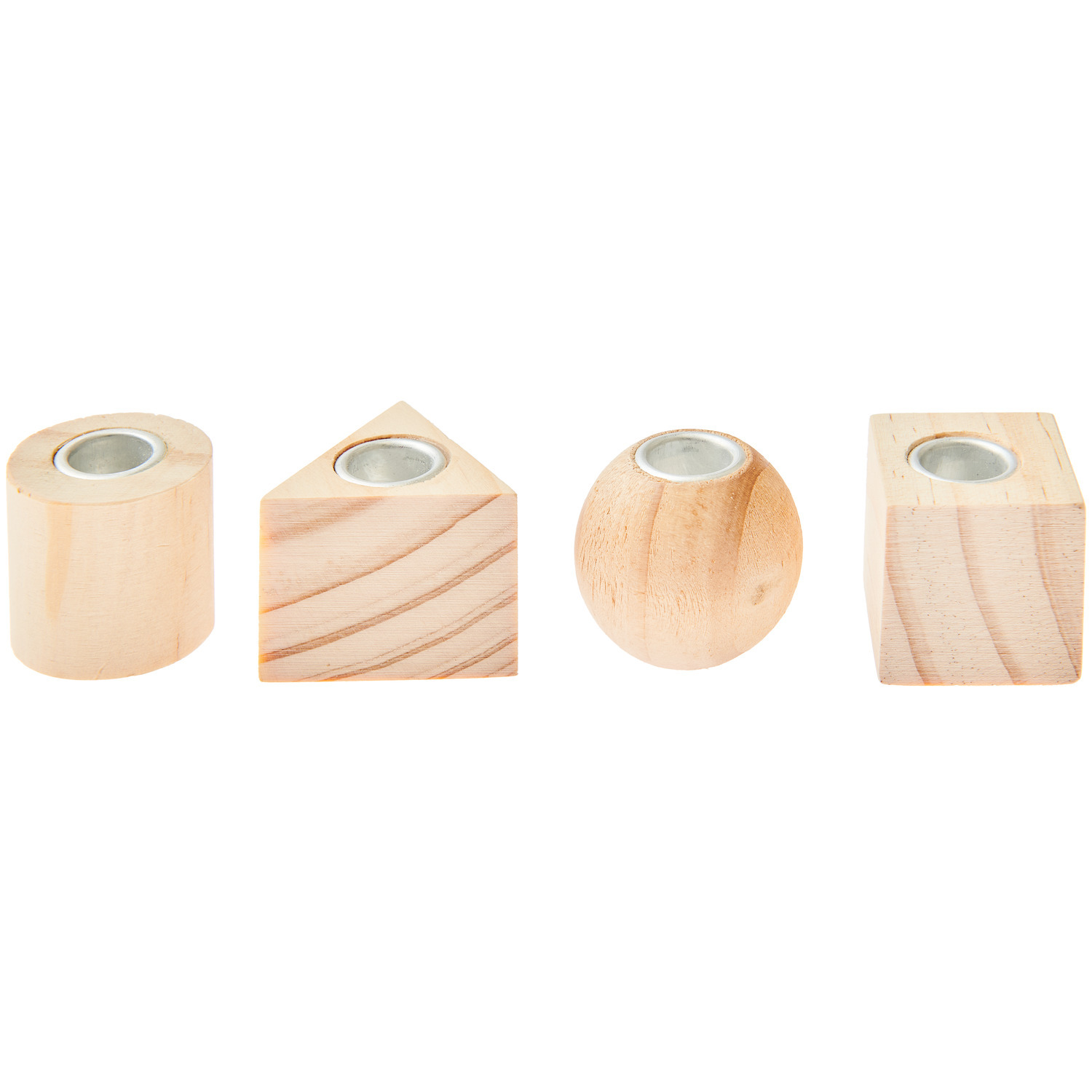 Mini Kerzenhalter Geometrische Formen aus Holz von Rico Design, 3x3x3cm, 4 Stück, in verschiedenen geometrischen Formen.