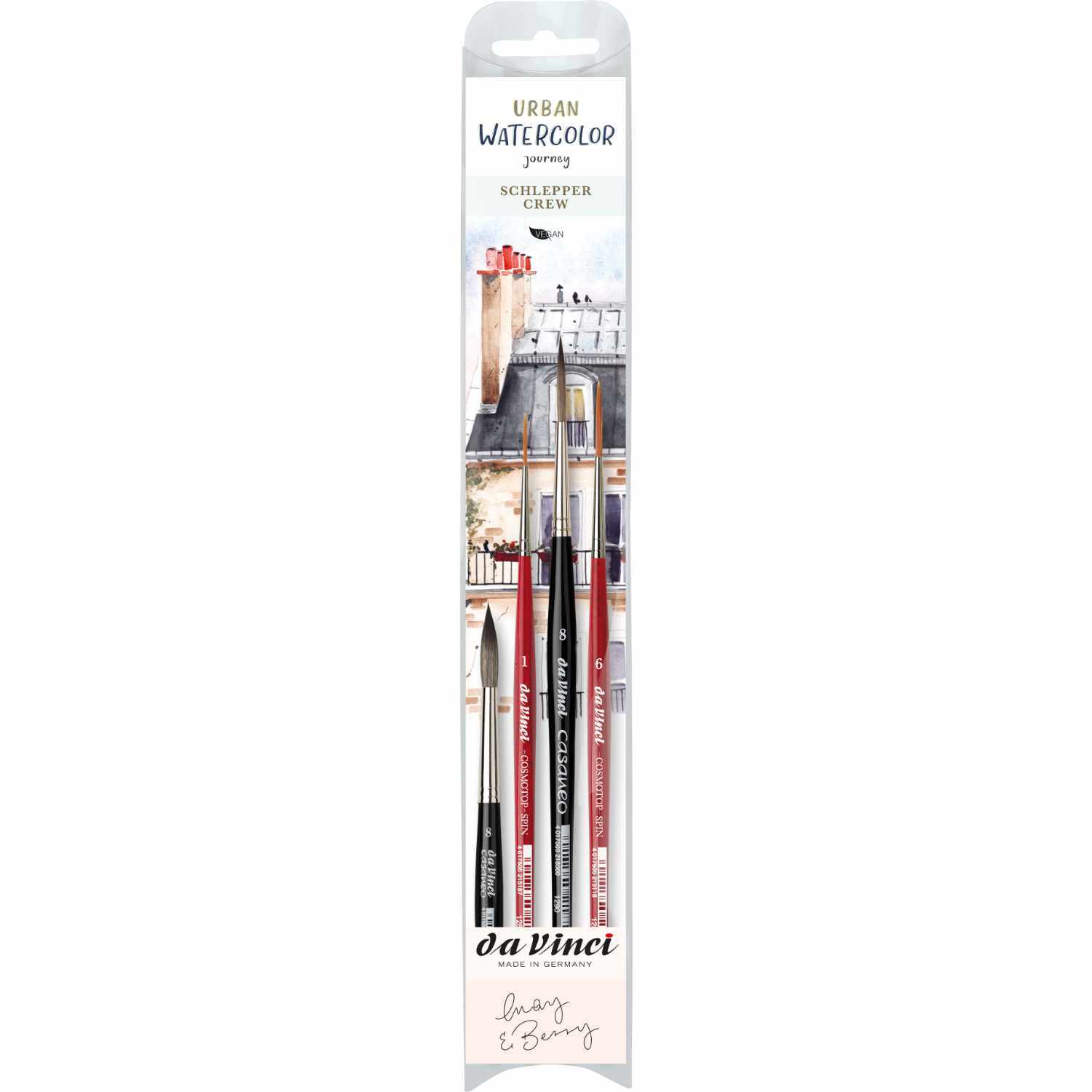da Vinci Pinsel-Set Urban Watercolor Schlepper Crew mit drei Pinseln in einer Verpackung. Ideal für Aquarellmalerei, präsentiert von May&Berry.