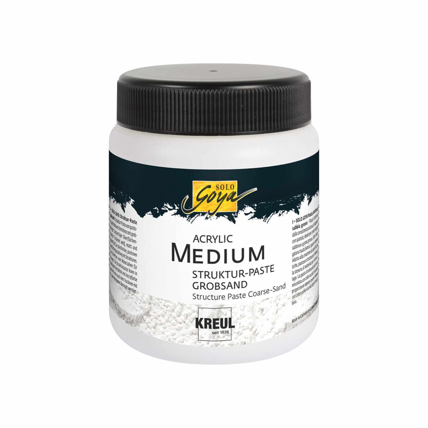 Solo Goya Acrylic Medium Struktur-Paste Grobsand von KREUL in weißem Behälter mit schwarzem Deckel. Ideal für kreative Strukturen.