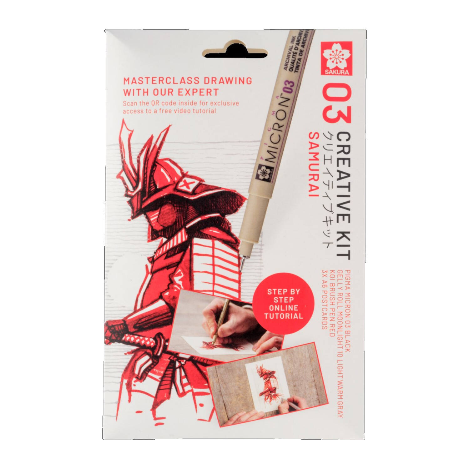 Kreativ-Set Samurai: Zeichen-Set mit rotem Samurai-Motiv und SAKURA Micron-Stift für detaillierte Illustrationen.